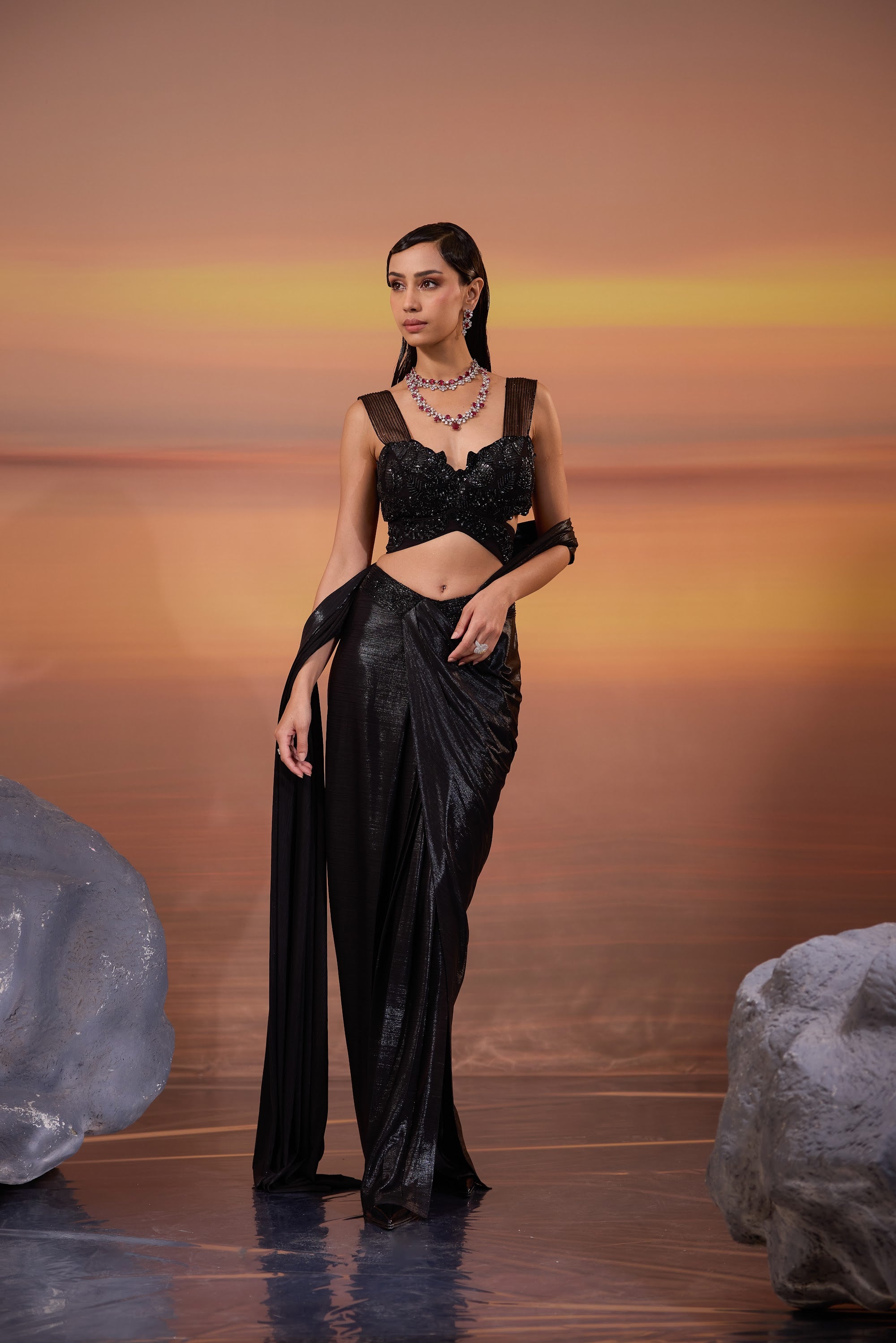 Black Embellished Strappy Blouse with Saree Set - view 3