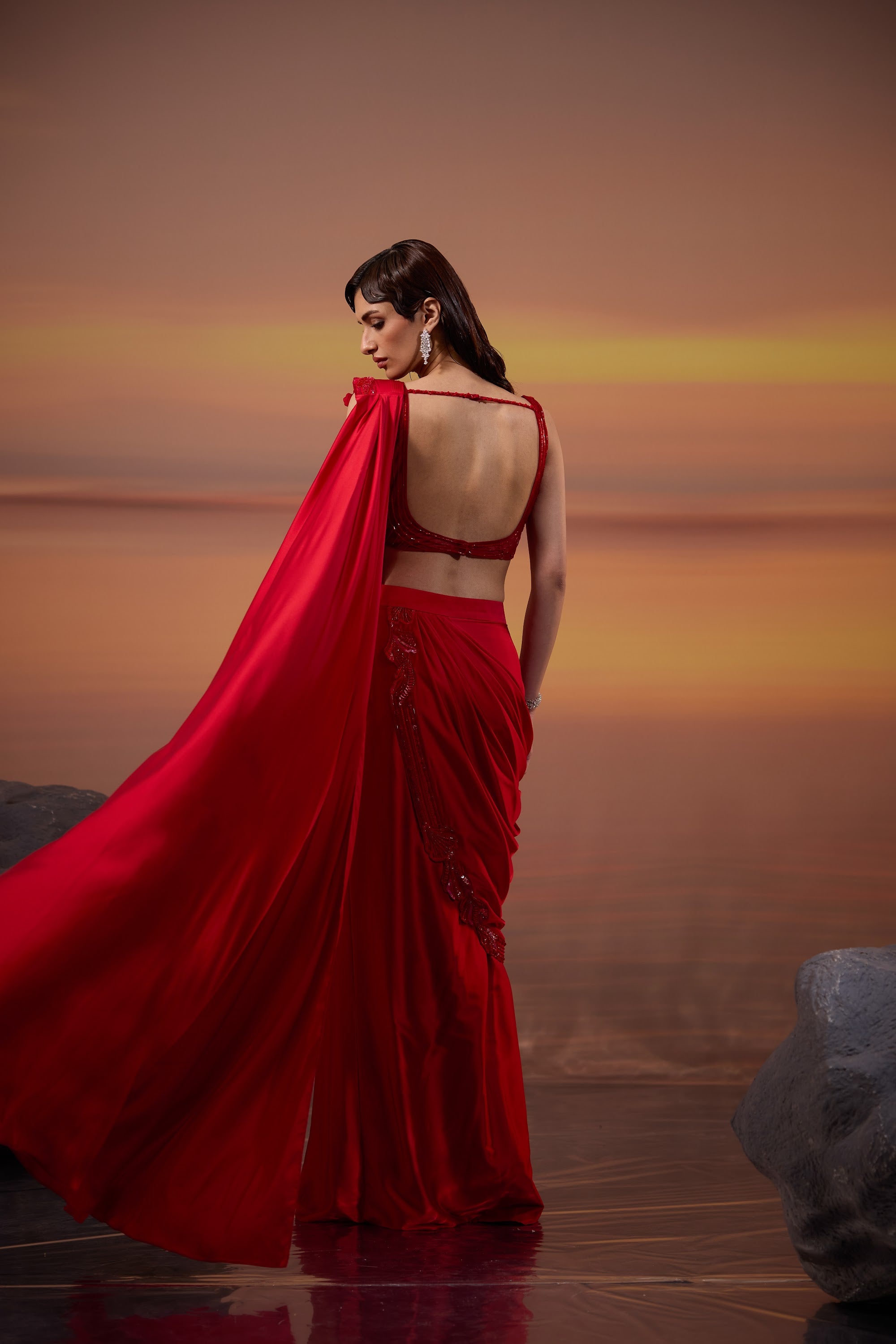 Crimson Embellished Draped Saree - view 6