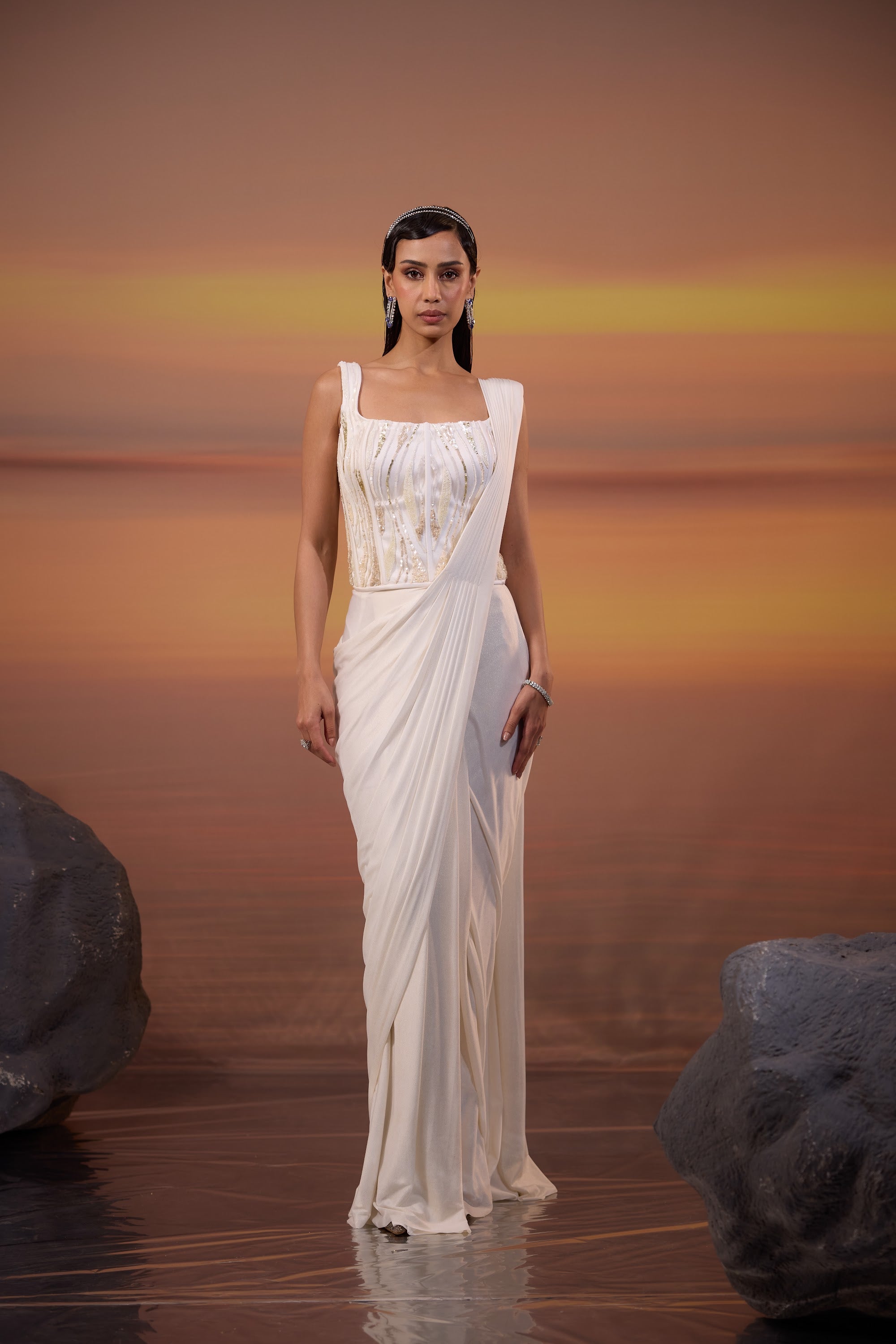 Ivory White Embroidered Drape Saree Set - main image