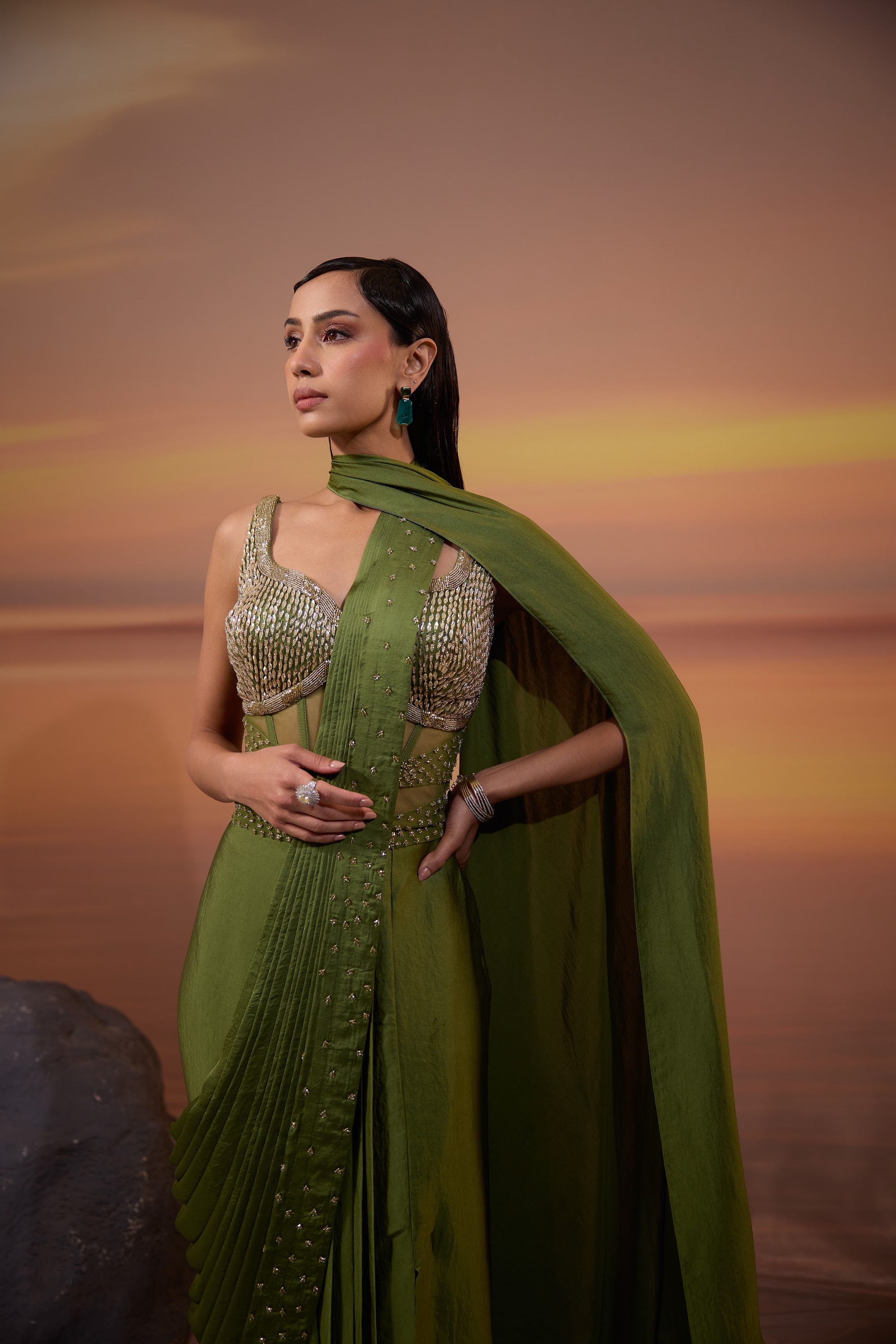 Olive Green Corset Draped Saree Set - view 6