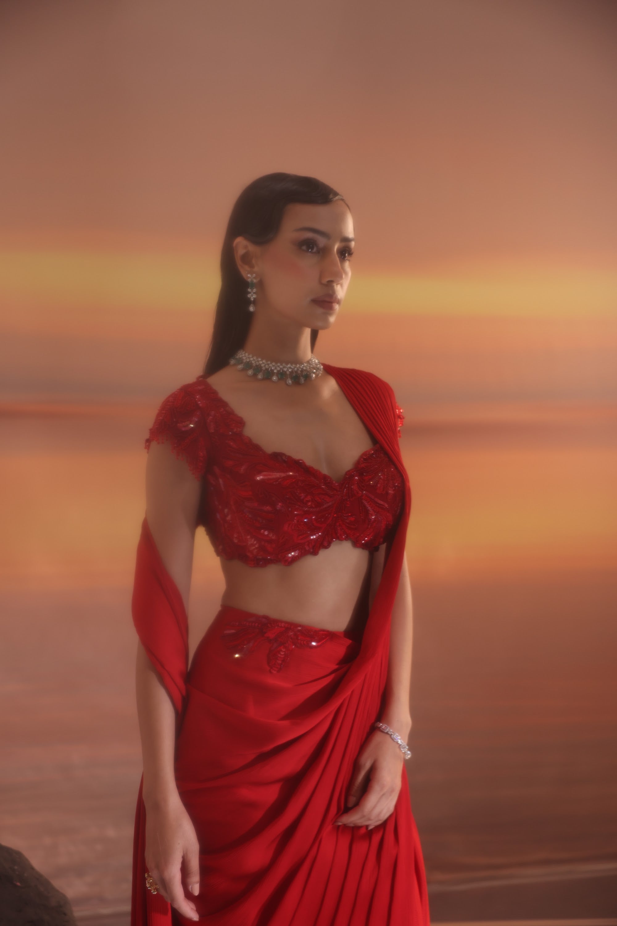 Crimson Pleated Drape Saree - view 15