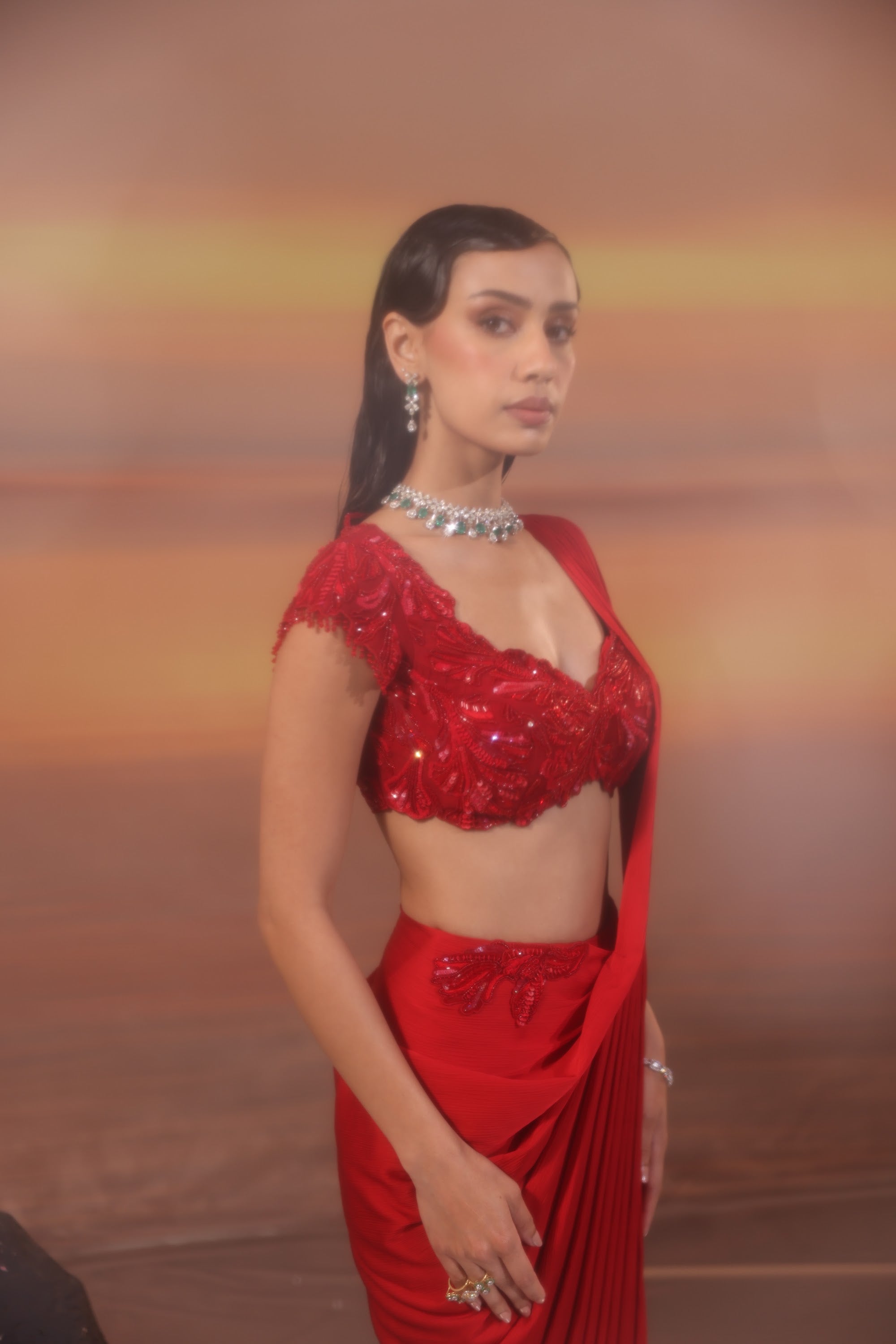 Crimson Pleated Drape Saree - view 14
