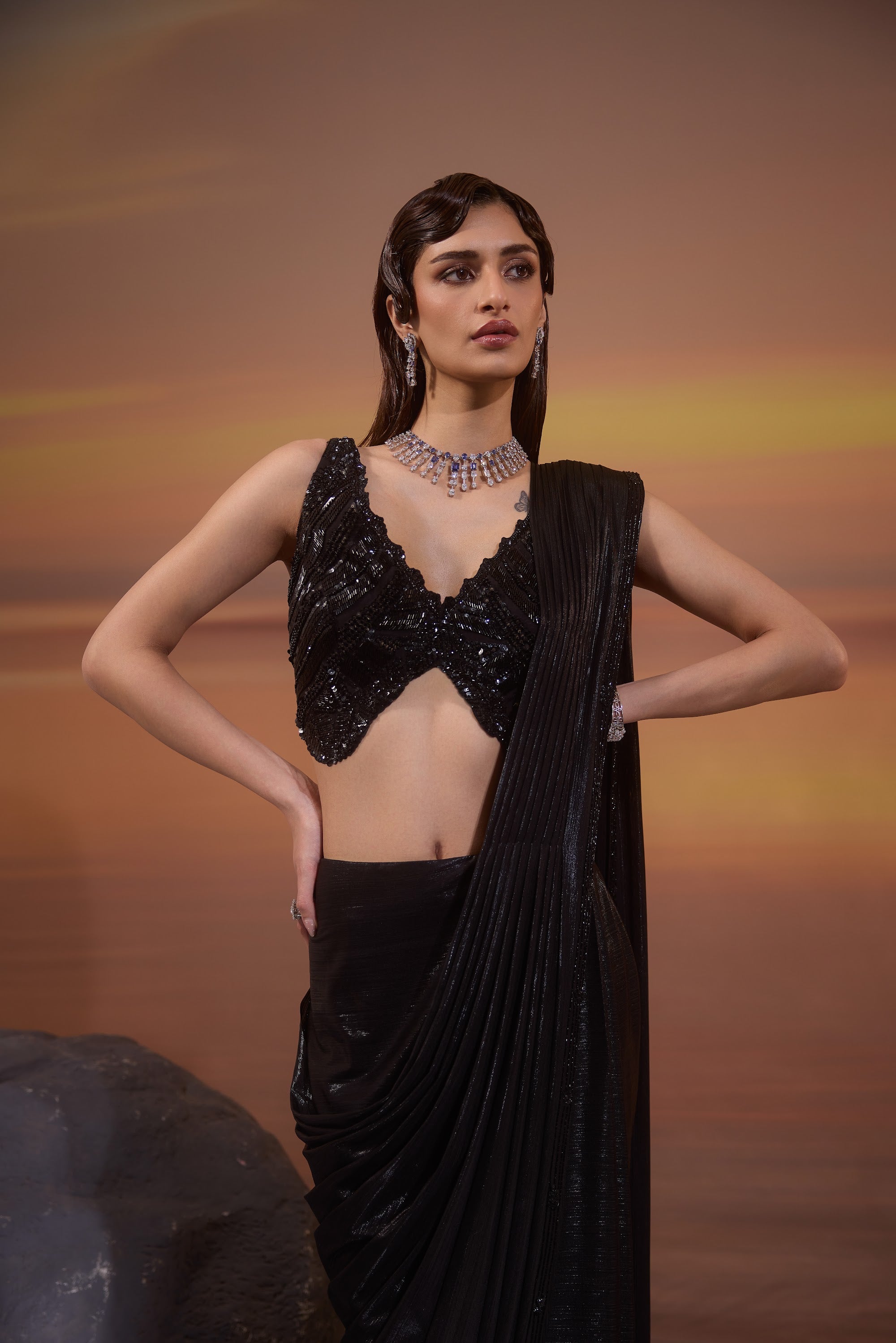 Black Drape Saree with Embellished Blouse - view 4