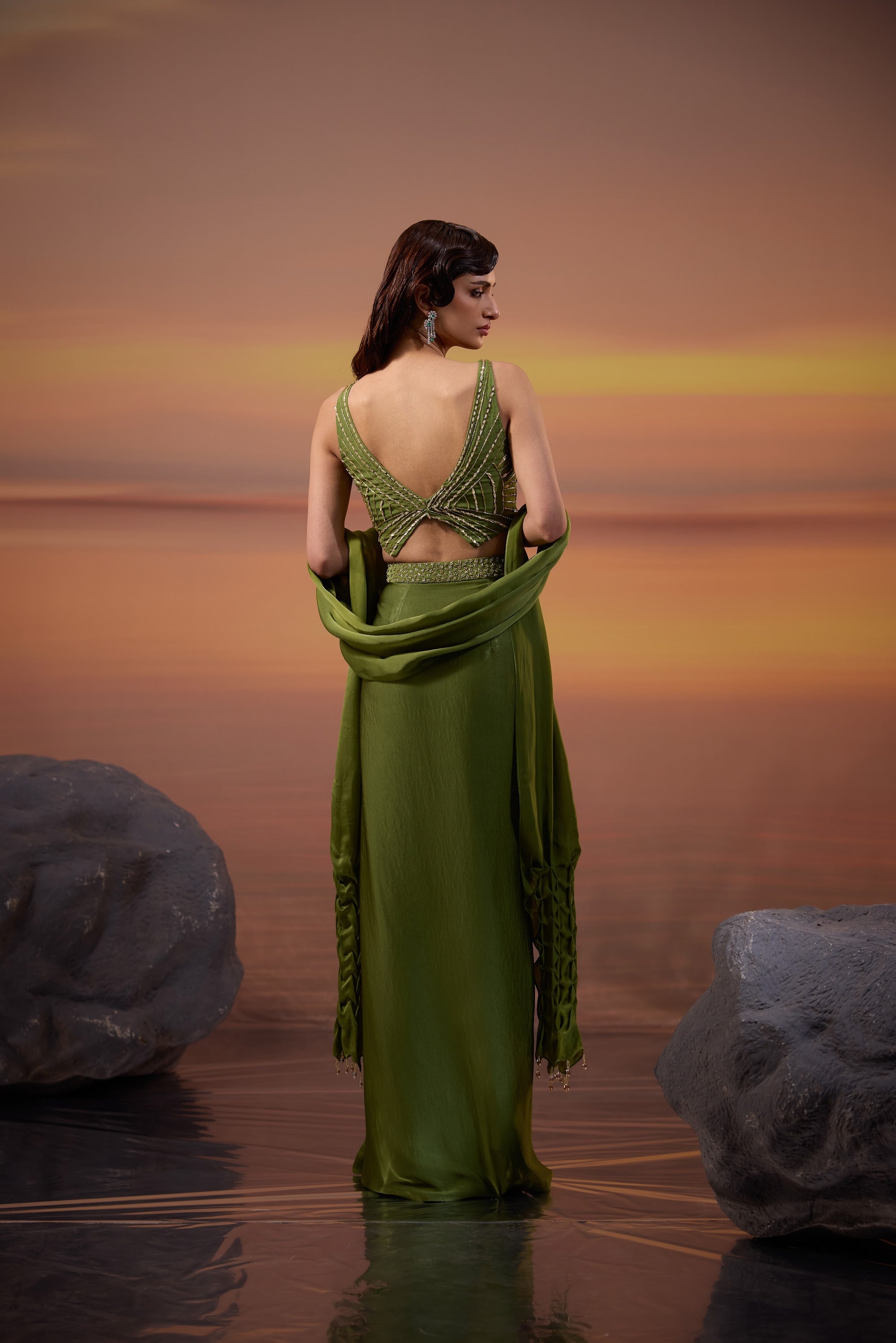Olive Green Skirt with Smoked Stole Set - view 6