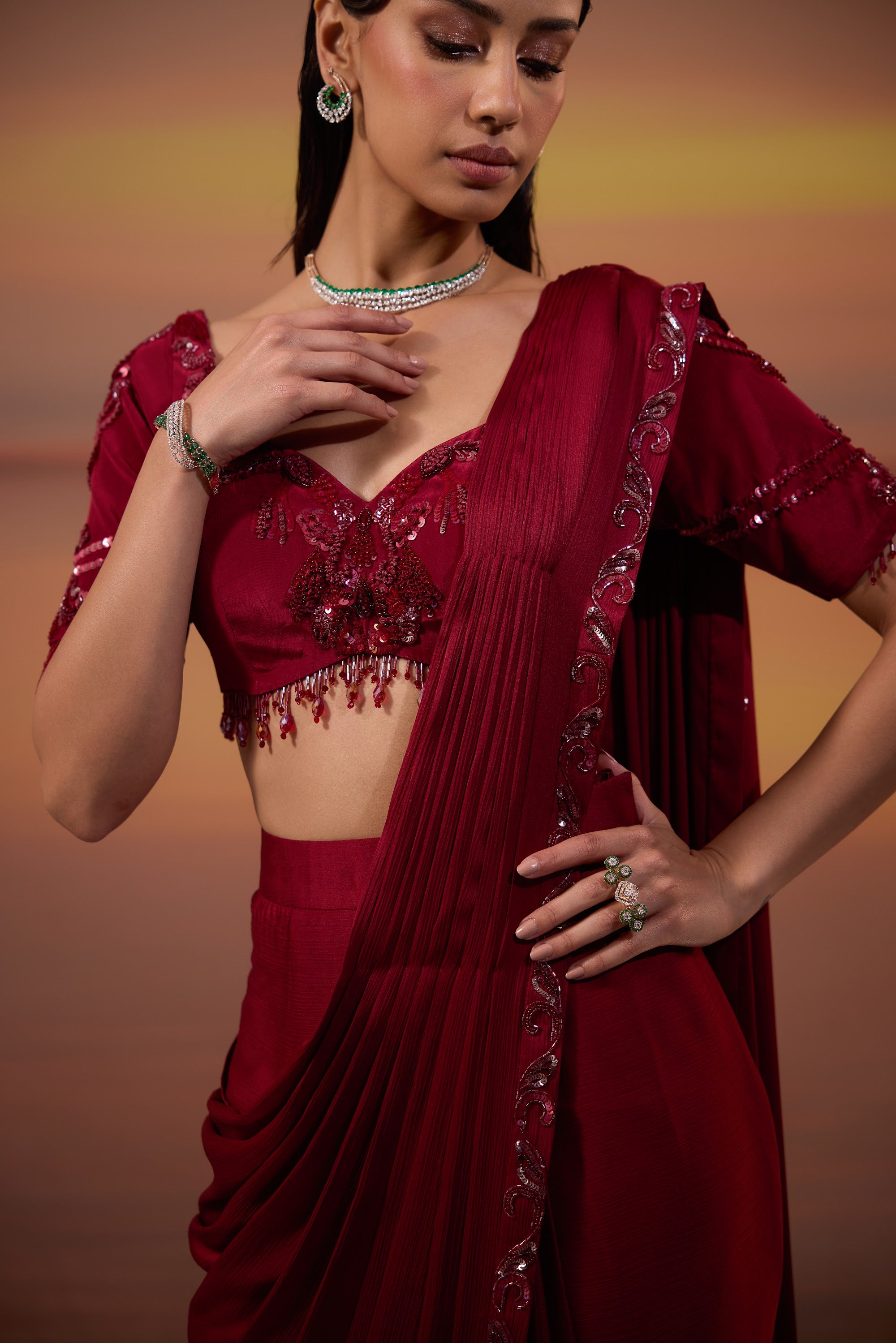 Dark Maroon Embroidered Drape Saree Set - view 5