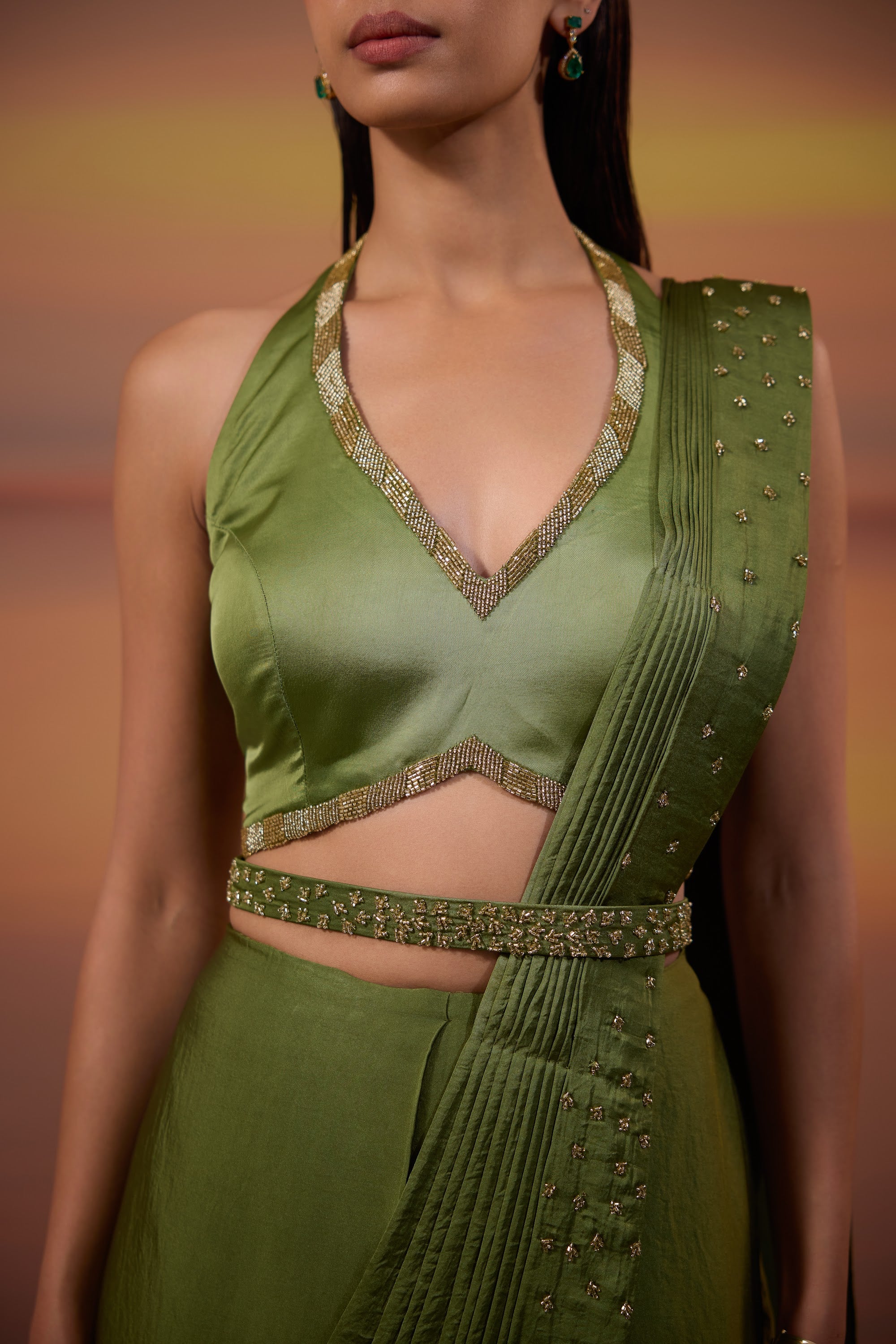 Olive Green Halter Neck Draped Saree Set - view 2