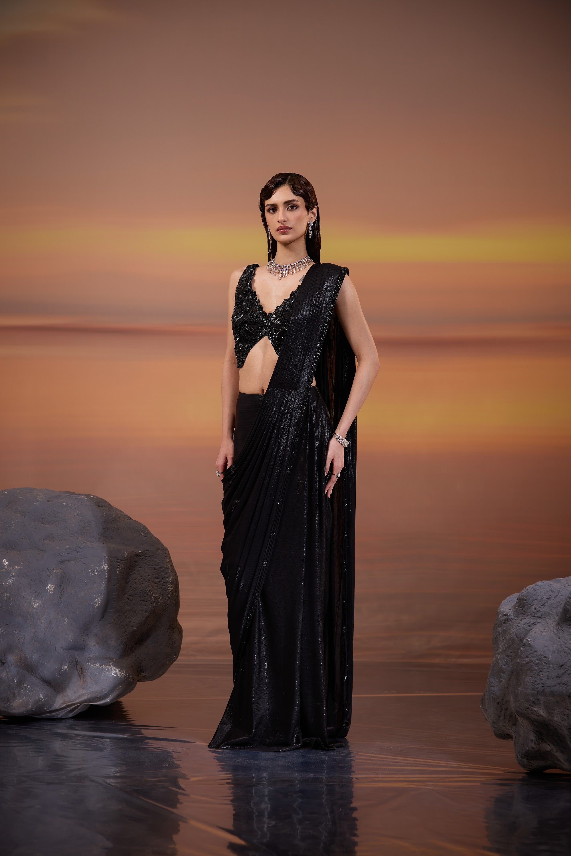 Black Drape Saree with Embellished Blouse - view 2