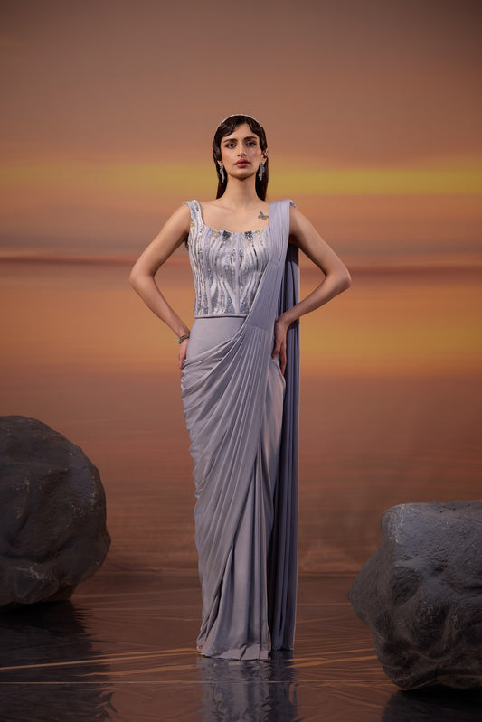 Grey Corset Embellished Drape Saree Set - main image