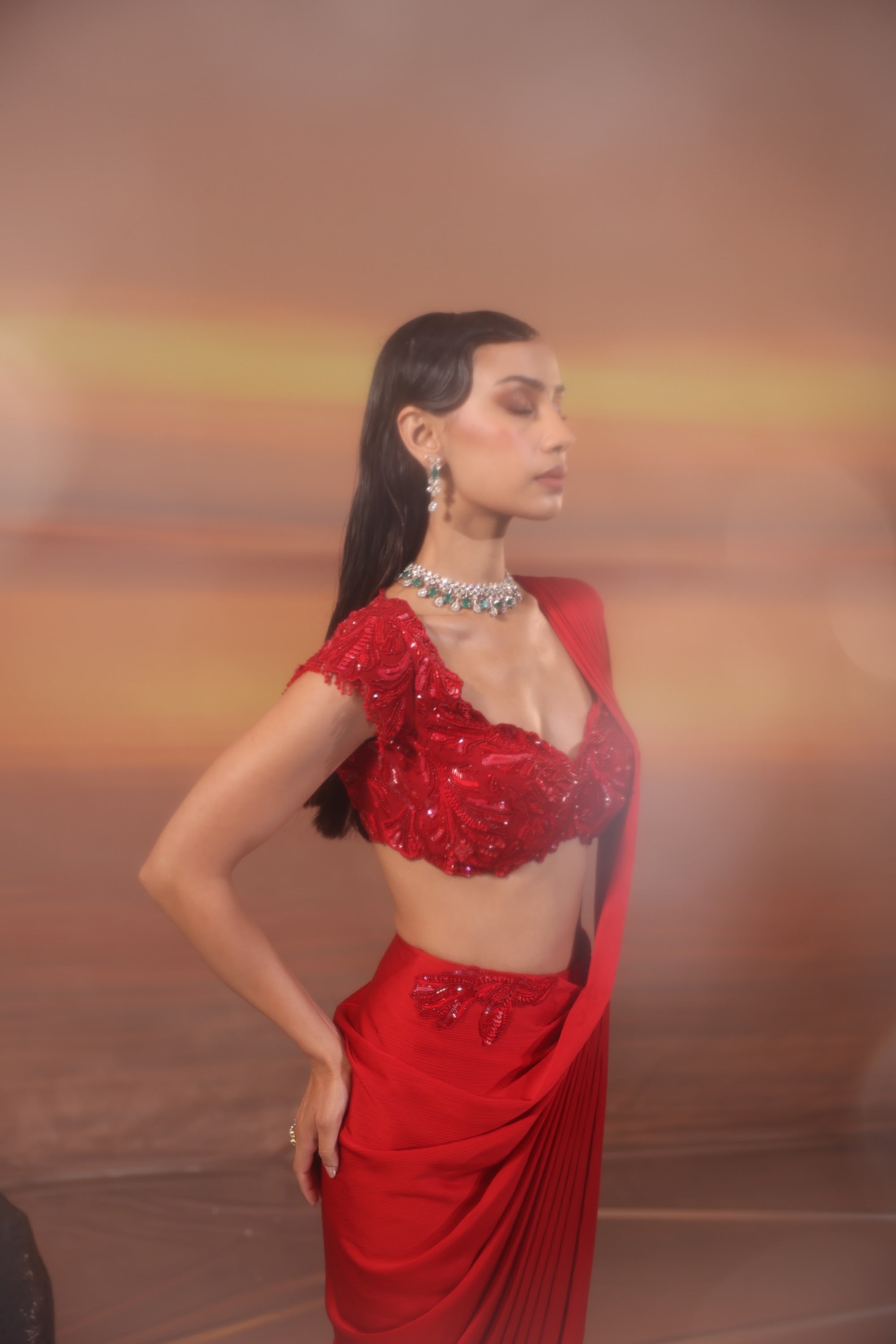 Crimson Pleated Drape Saree - view 11