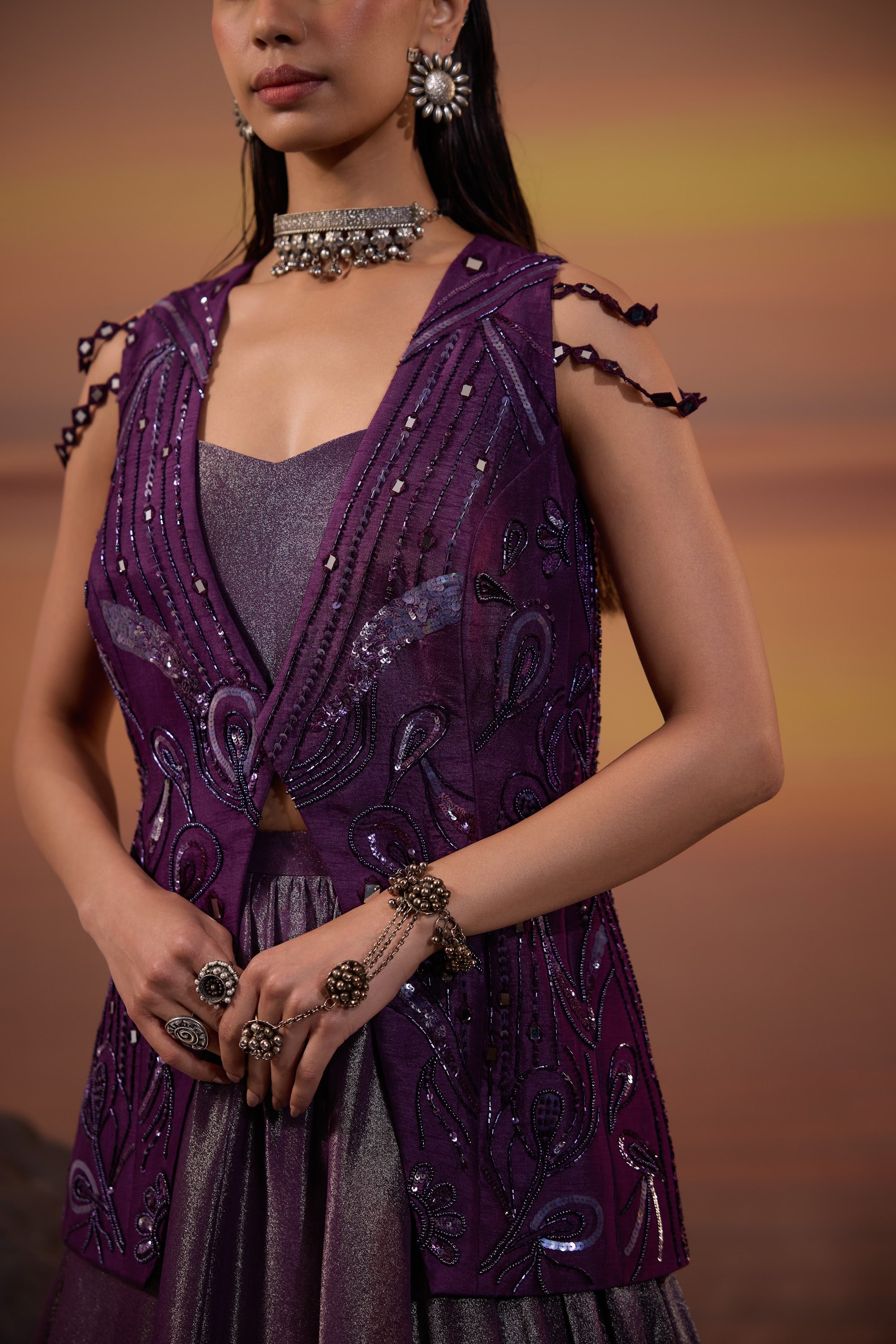 Dark Amethyst Embellished Jacket with Tissue Lehenga Set - view 4