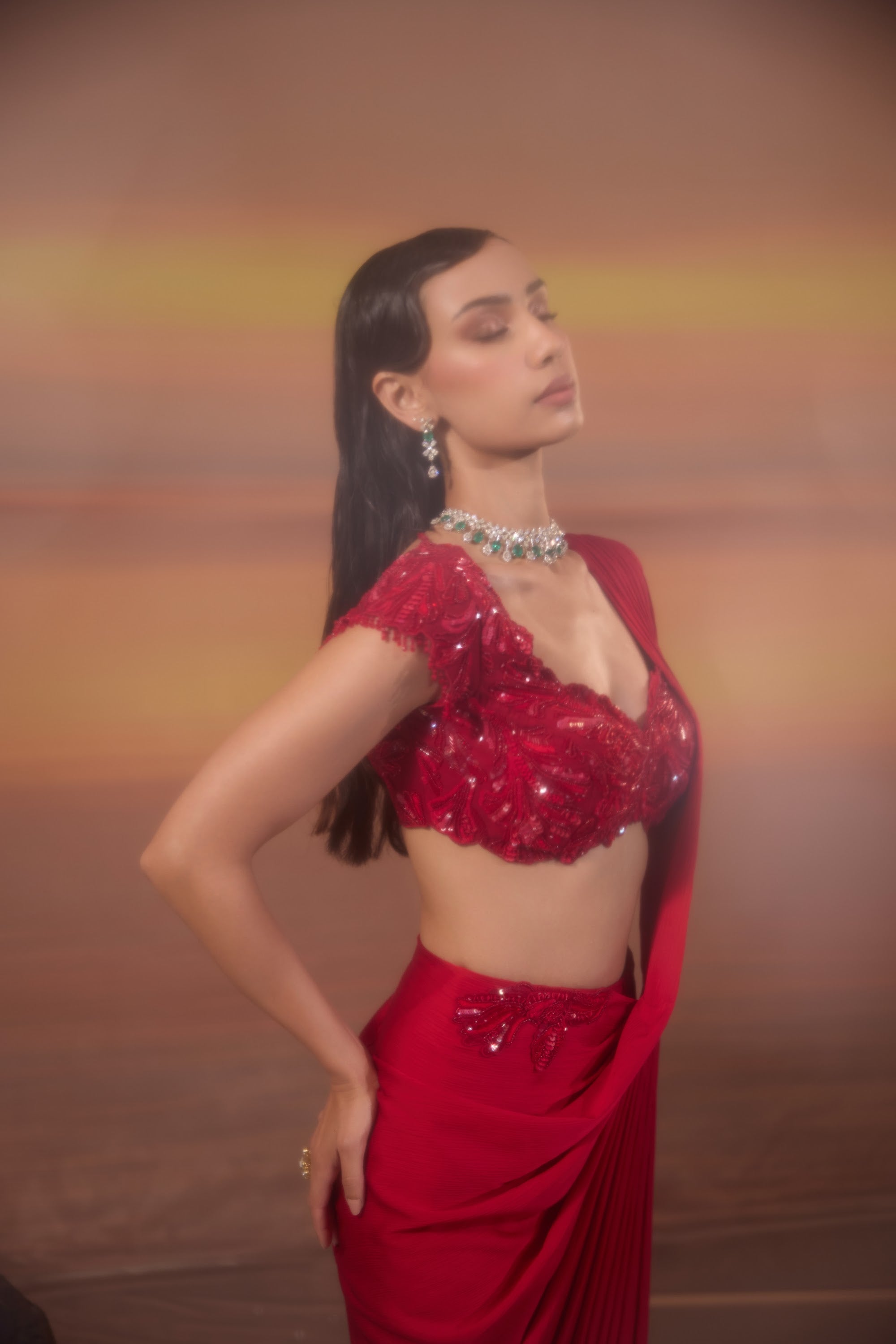 Crimson Pleated Drape Saree - view 13