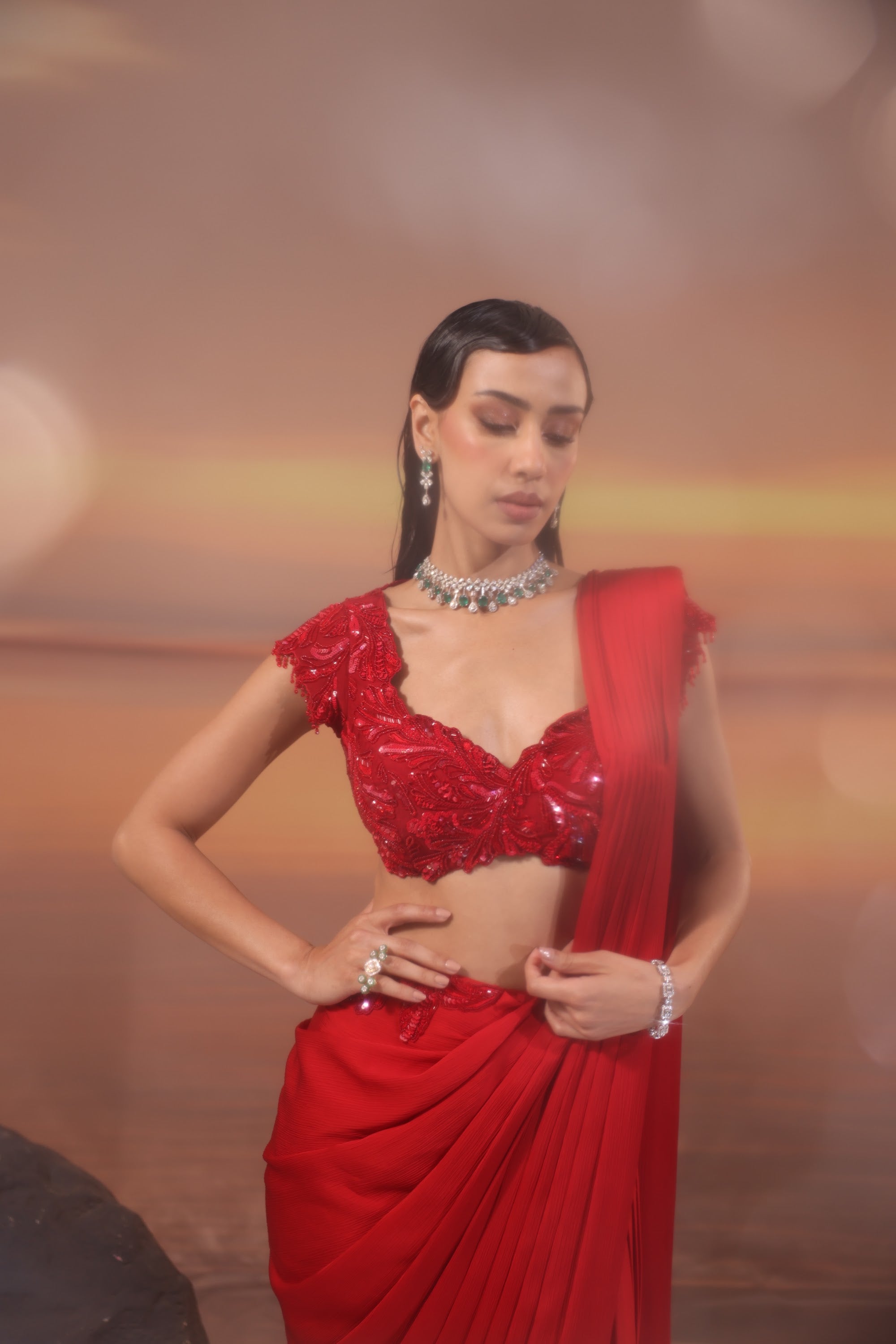 Crimson Pleated Drape Saree - view 5