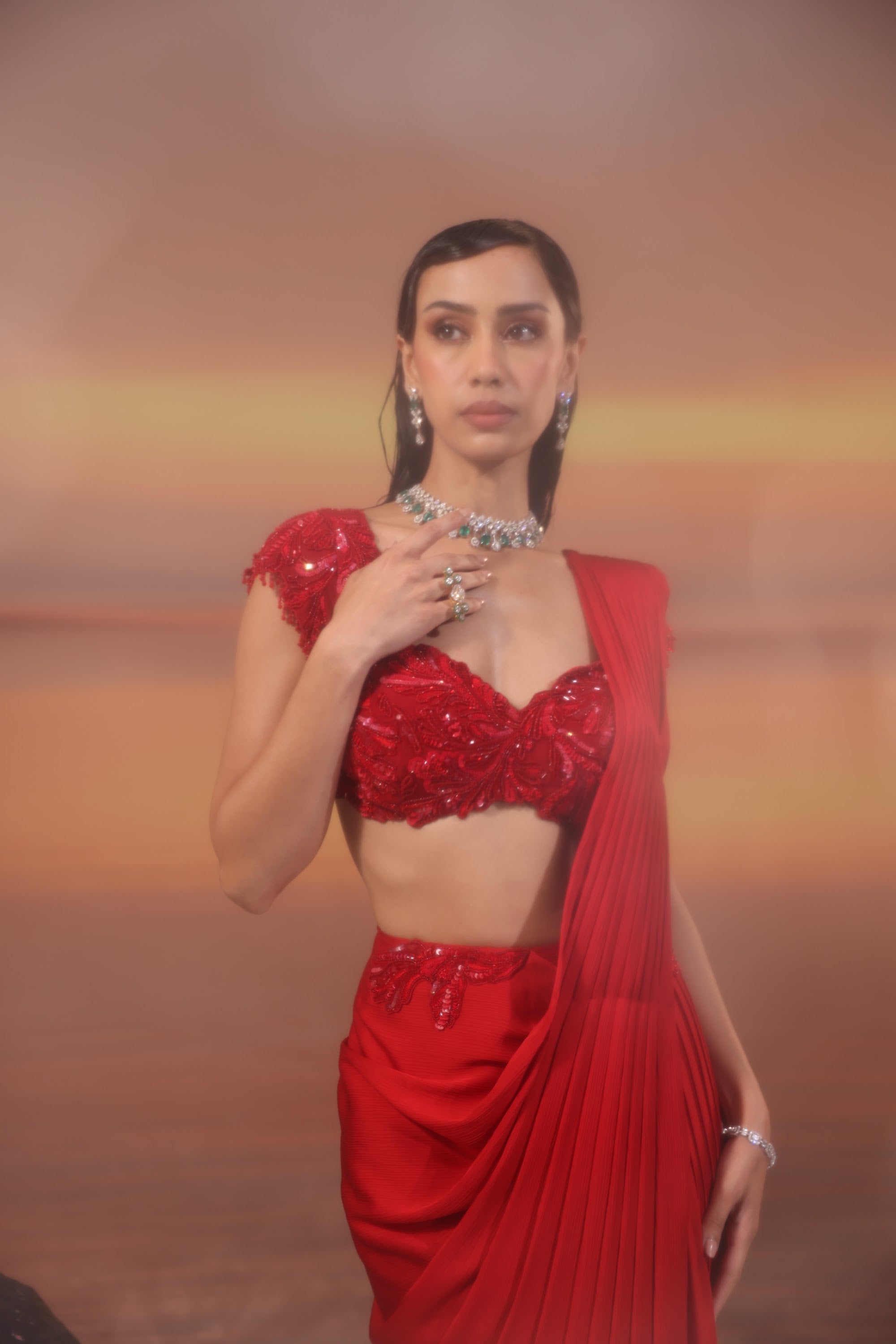 Crimson Pleated Drape Saree - view 8