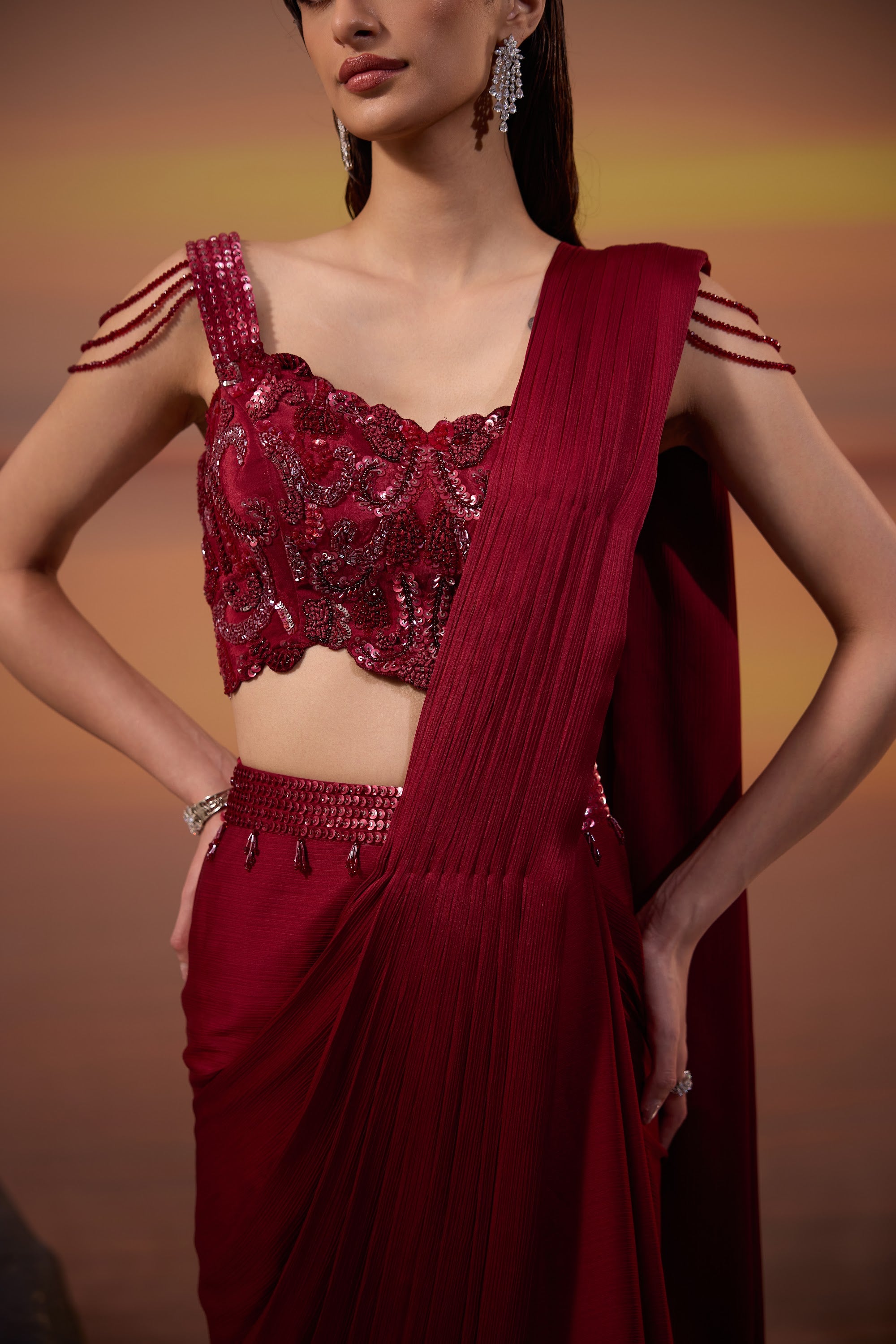 Dark Maroon Embellished Drape Saree Set - view 3