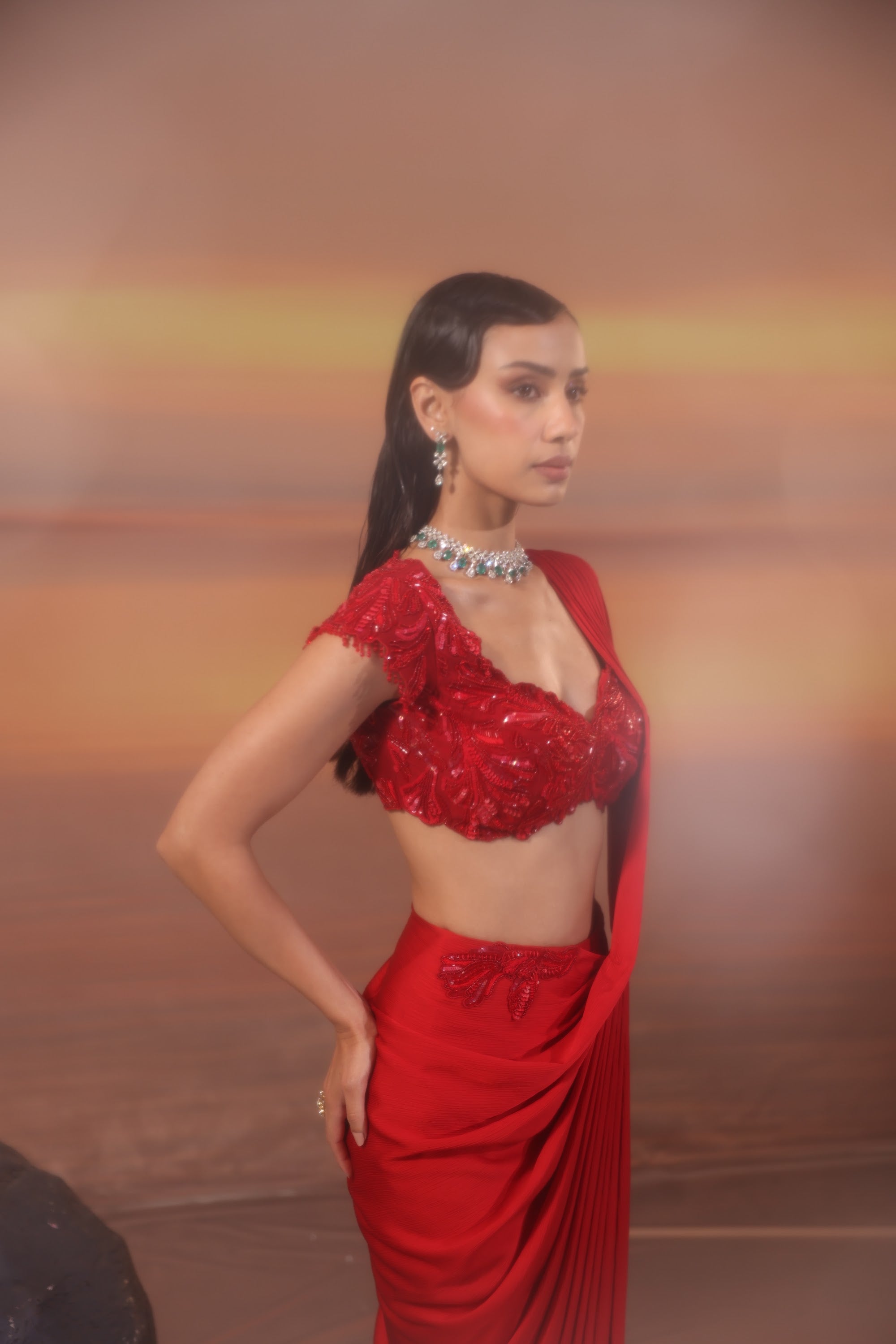 Crimson Pleated Drape Saree - view 12