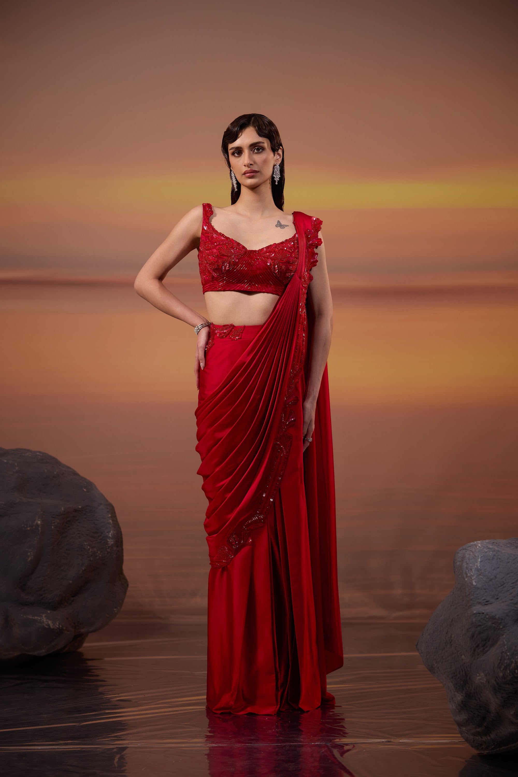 Crimson Embellished Draped Saree - main image