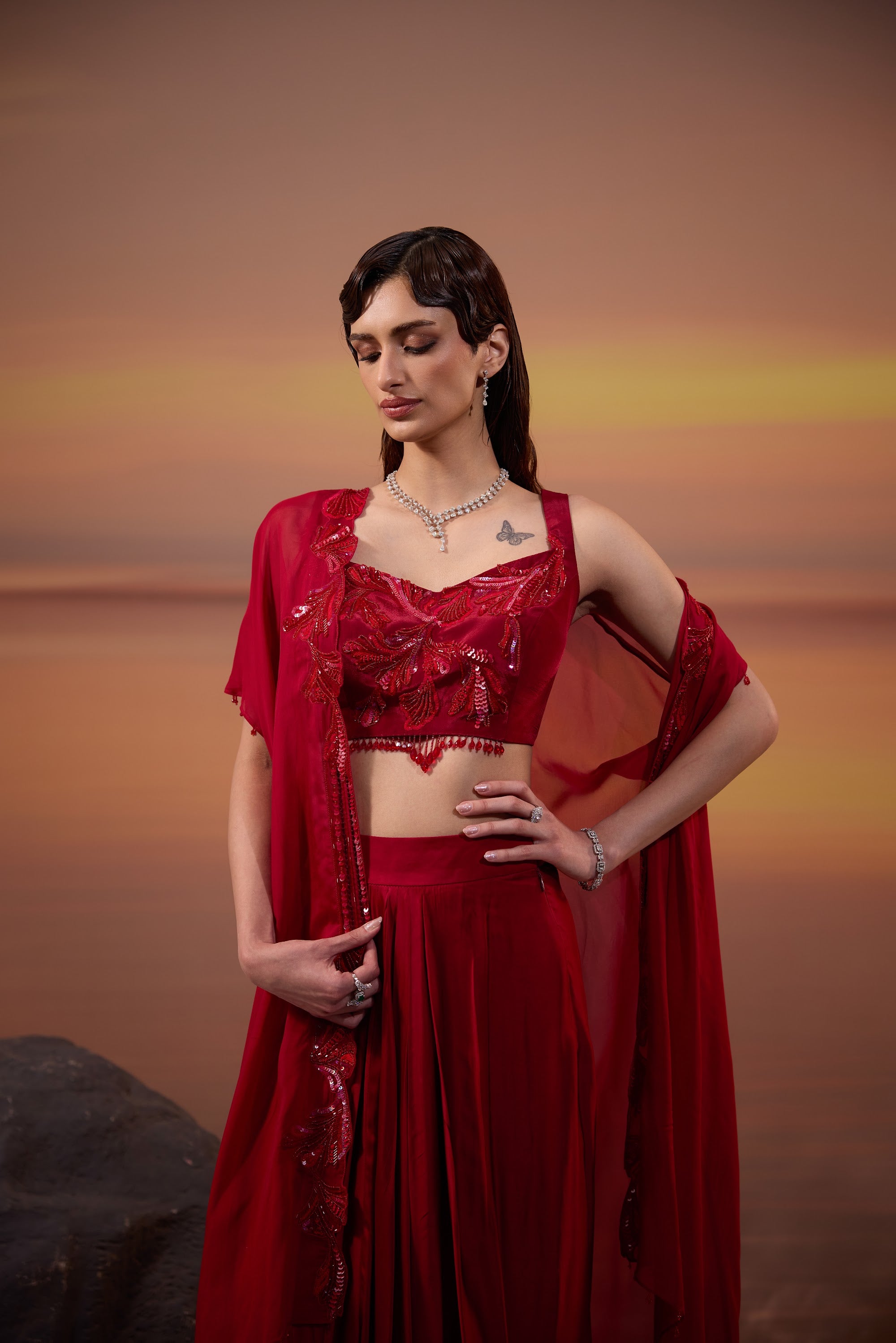 Crimson Embellished Cape Set - view 3
