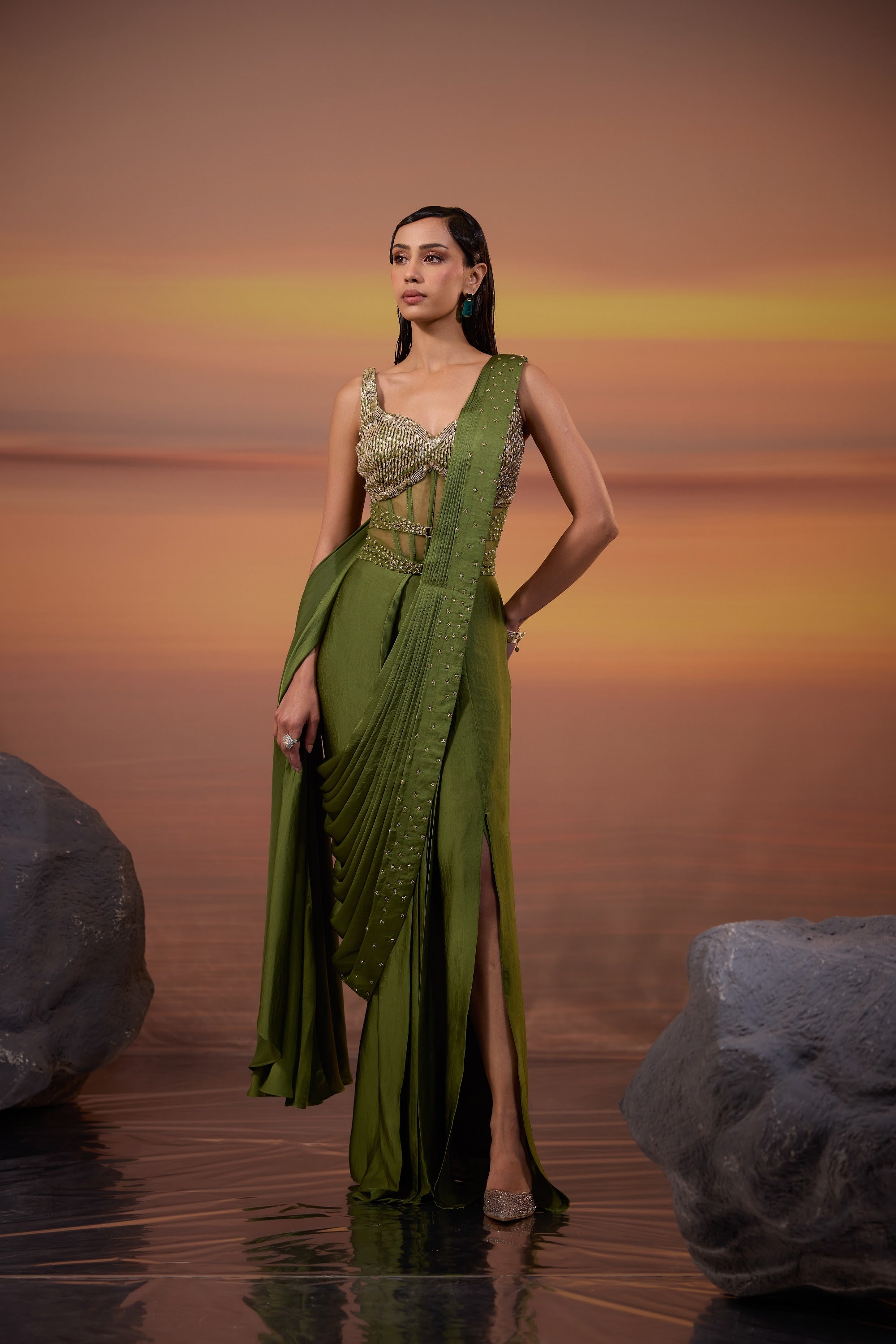 Olive Green Corset Draped Saree Set - view 3