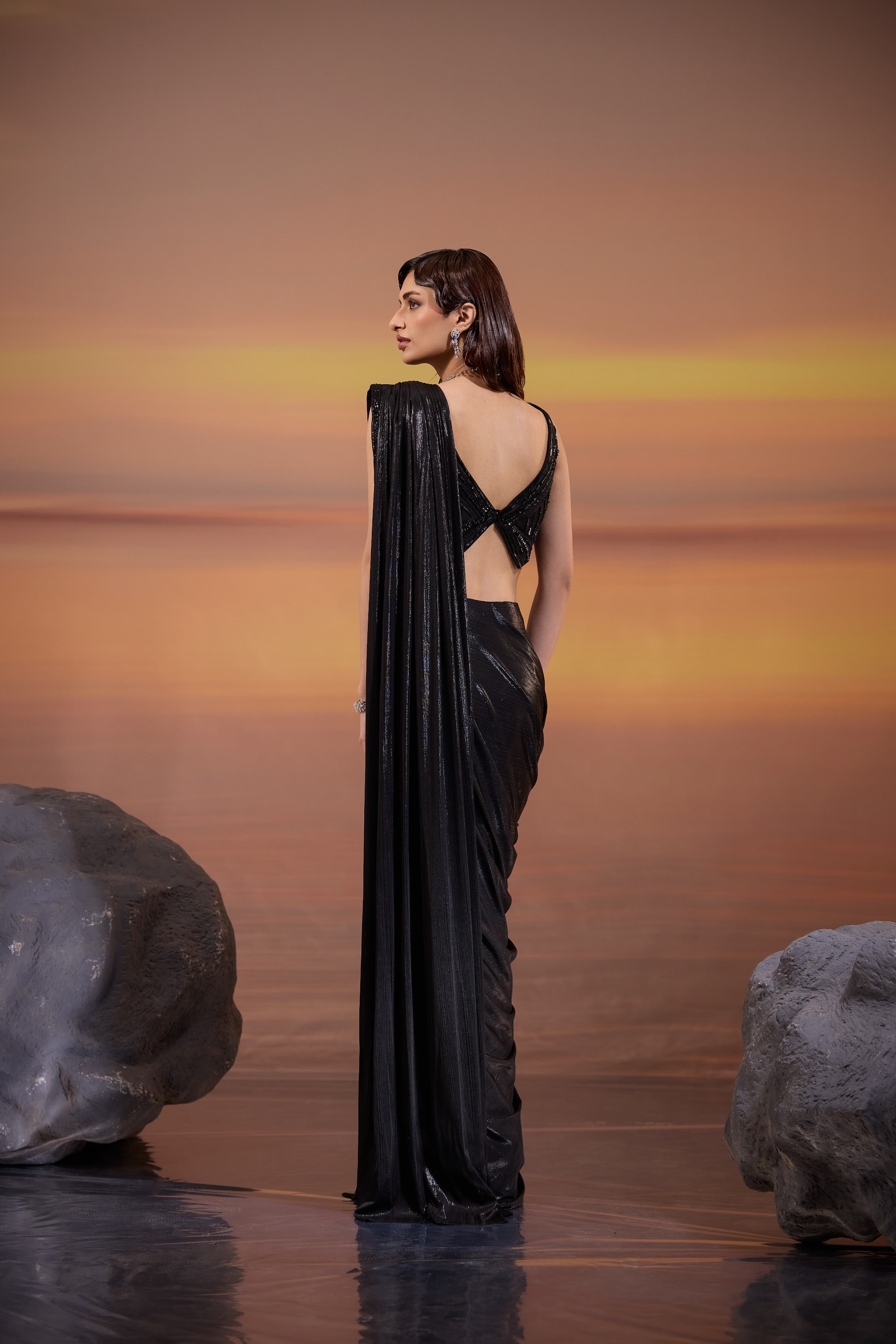 Black Drape Saree with Embellished Blouse - view 8