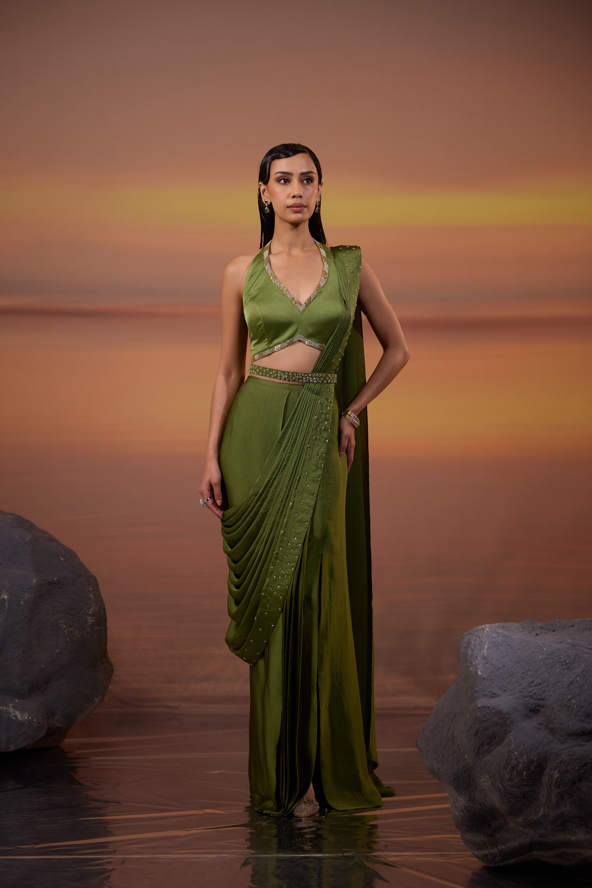 Olive Green Halter Neck Draped Saree Set - main image