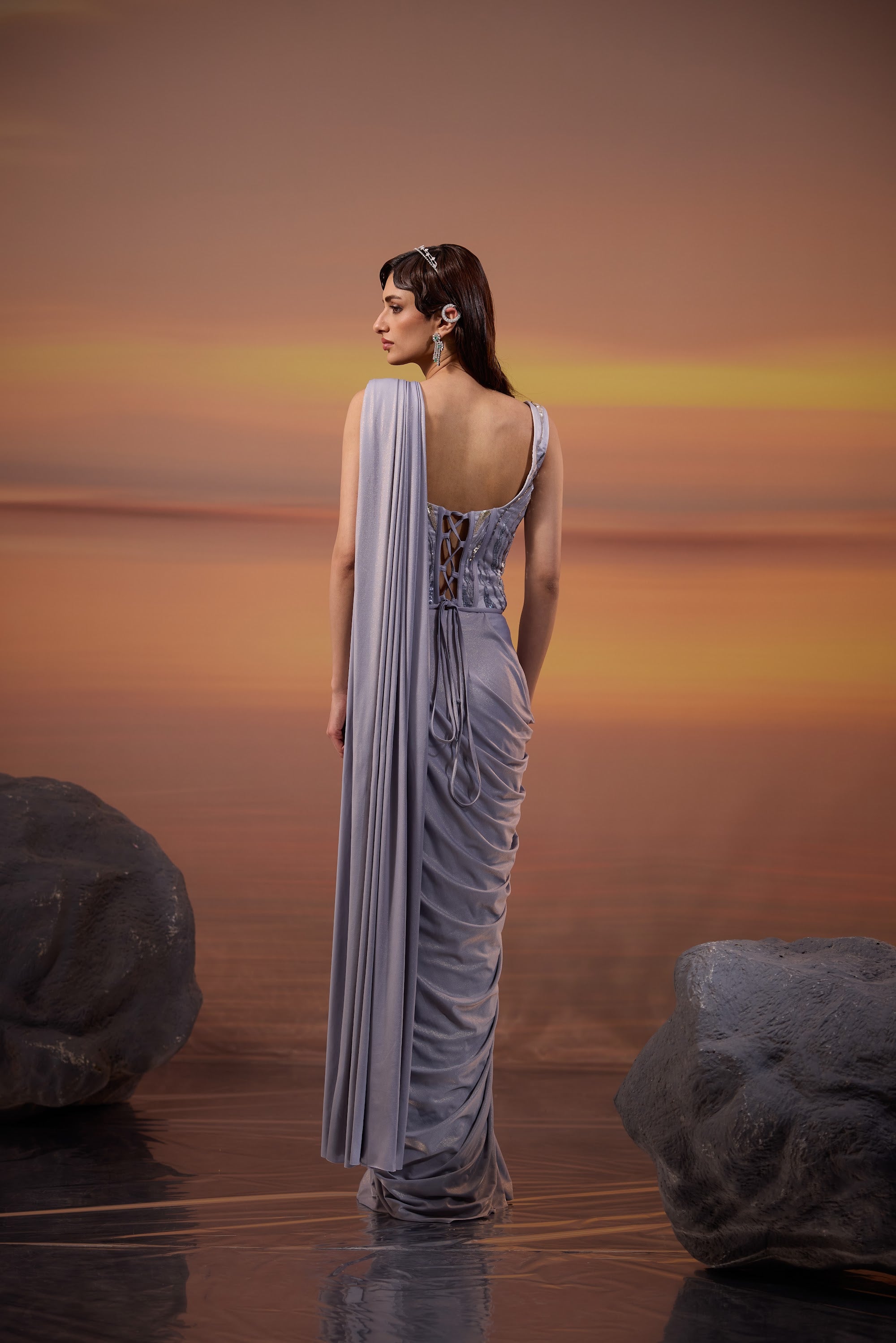 Grey Corset Embellished Drape Saree Set - view 2