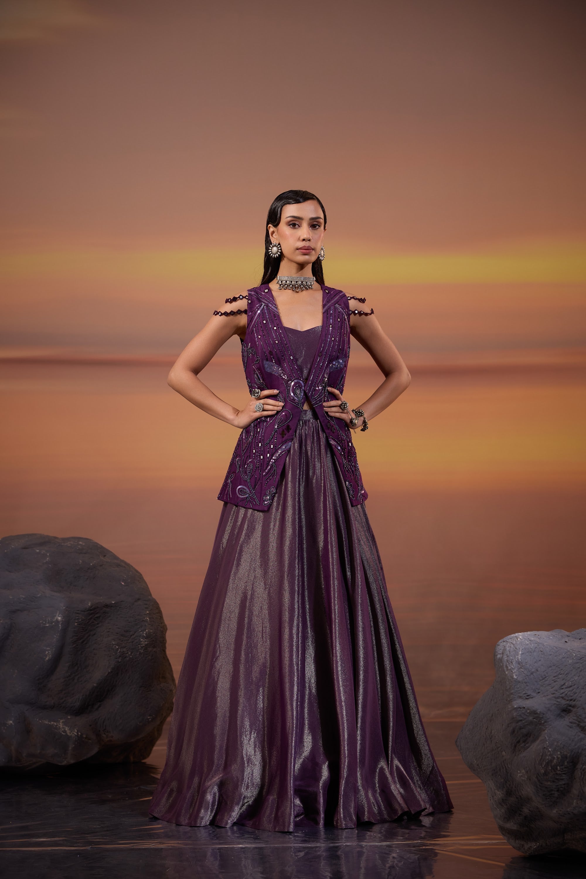 Dark Amethyst Embellished Jacket with Tissue Lehenga Set - main image