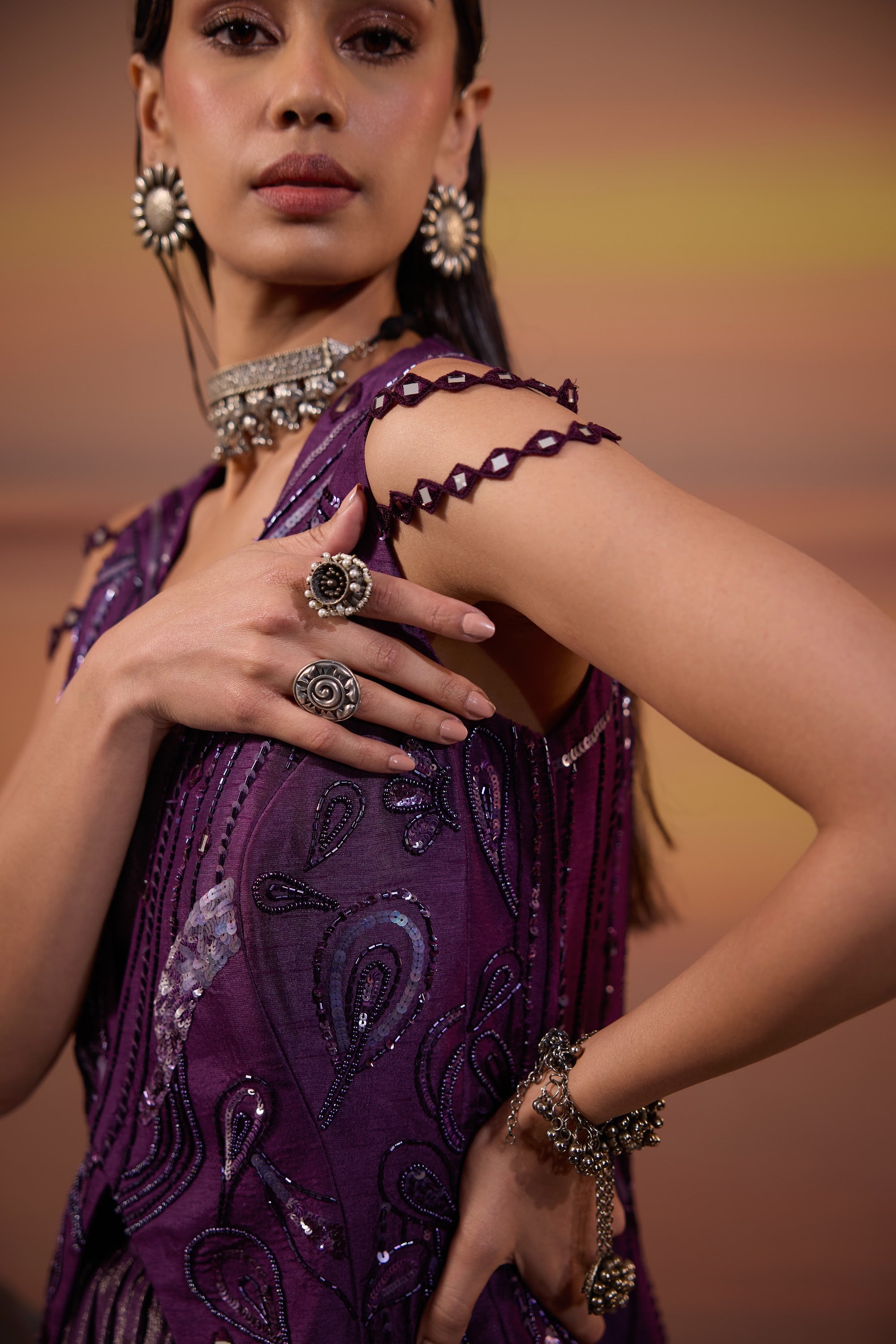 Dark Amethyst Embellished Jacket with Tissue Lehenga Set - view 5
