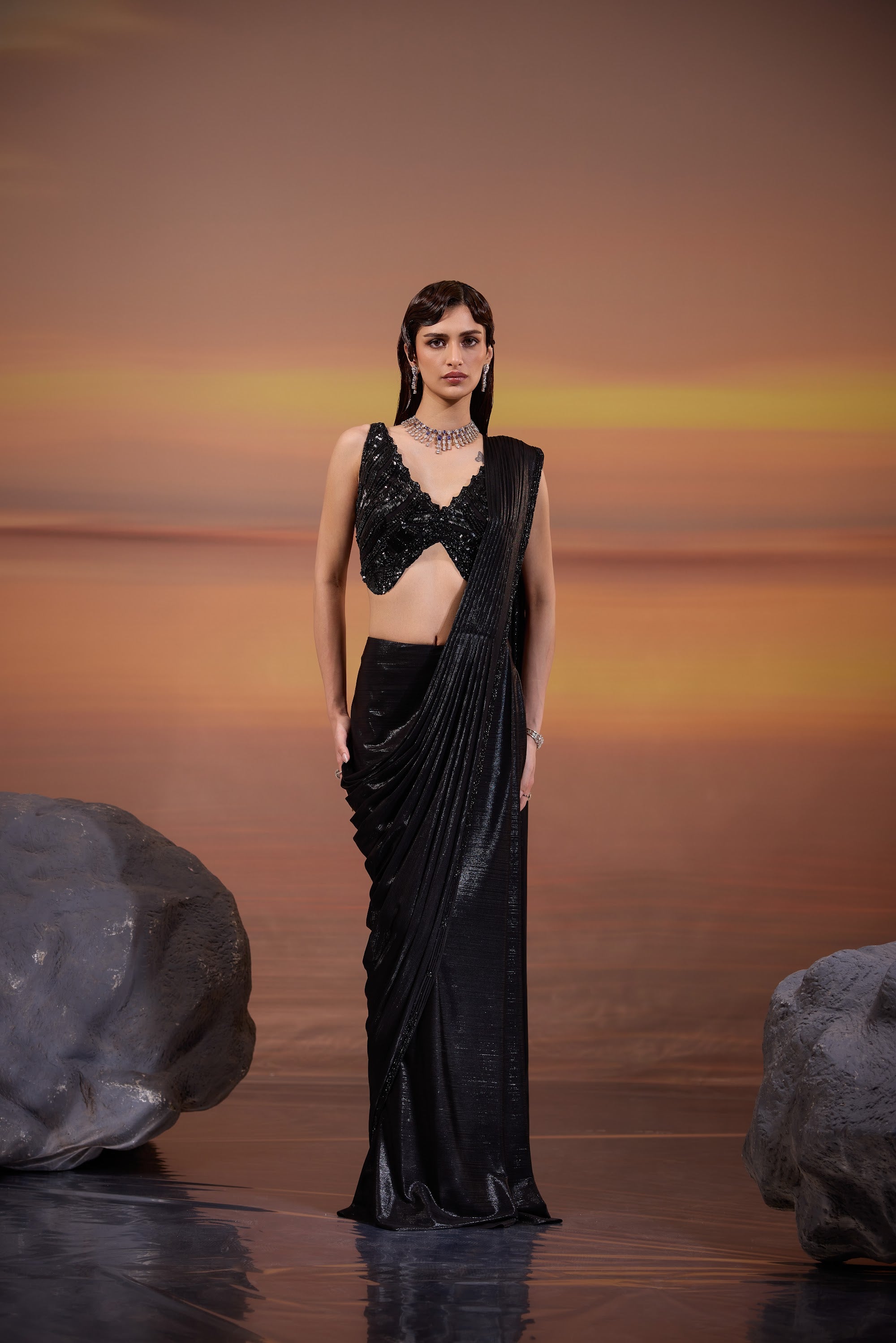 Black Drape Saree with Embellished Blouse - main image