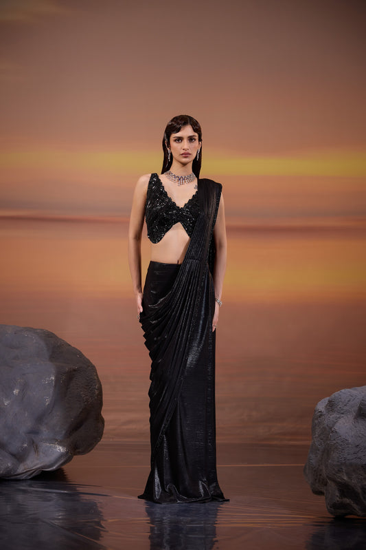 Black Drape Saree with Embellished Blouse - main image