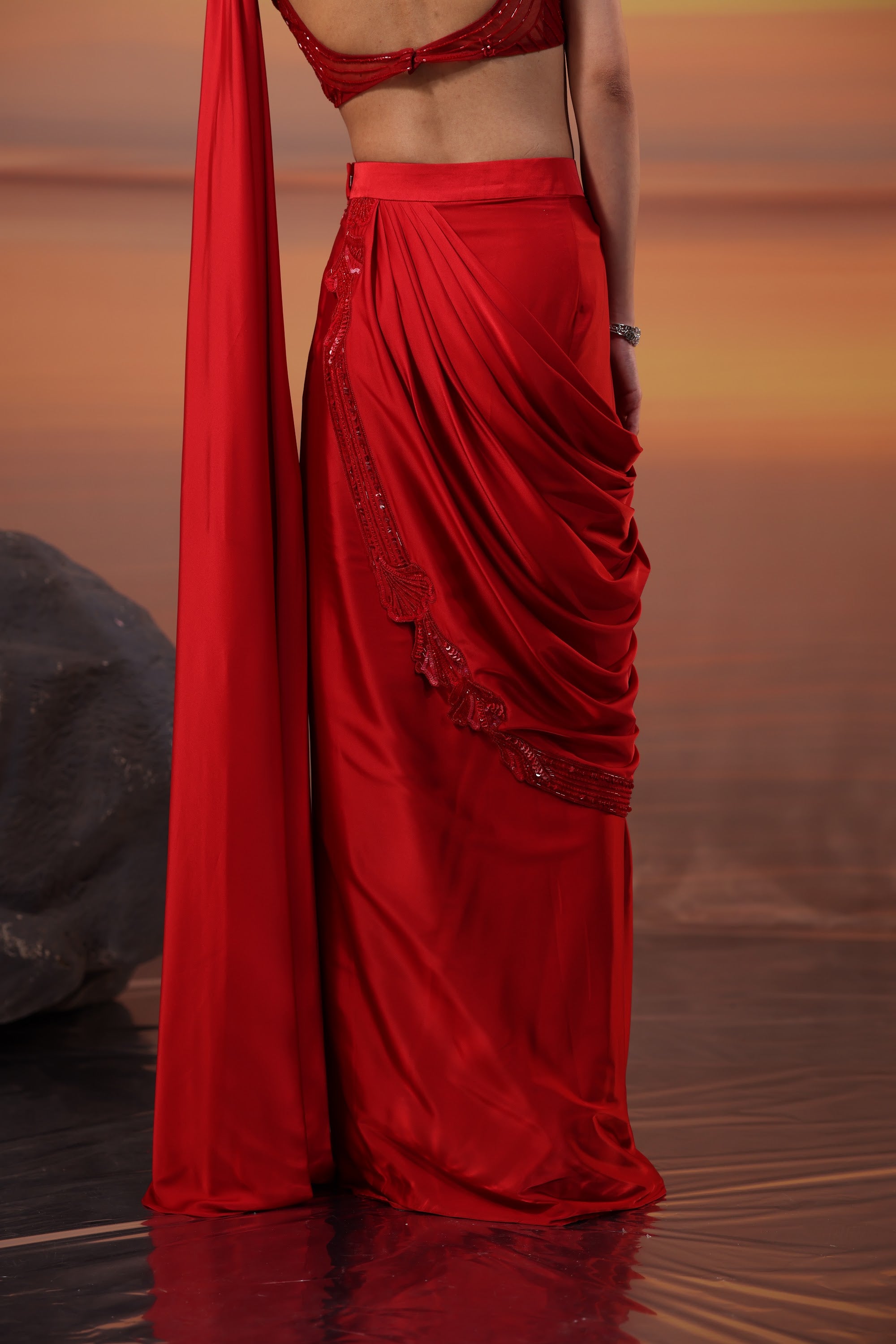 Crimson Embellished Draped Saree - view 7