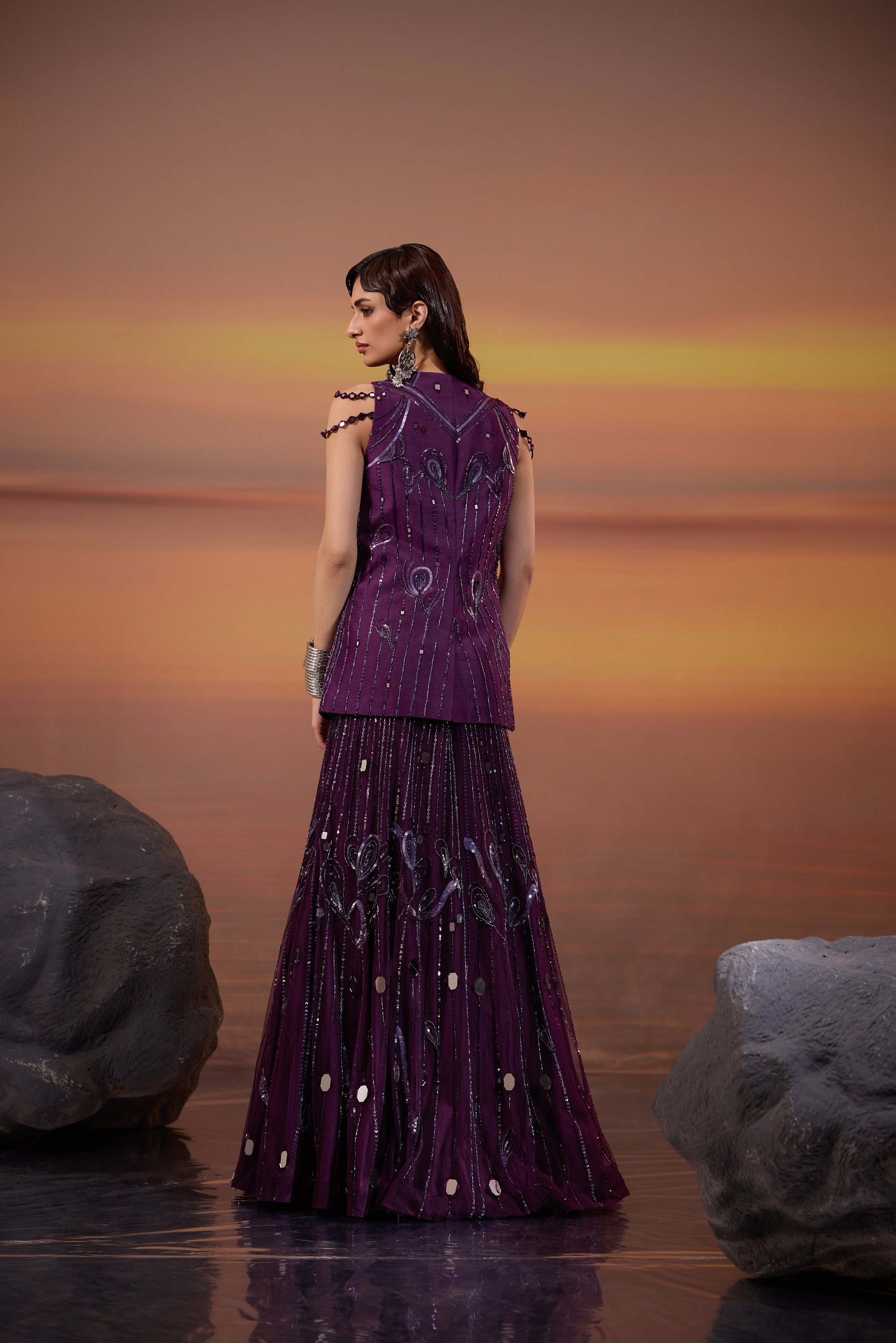 Dark Amethyst Embellished Jacket with Lehenga Set - view 6