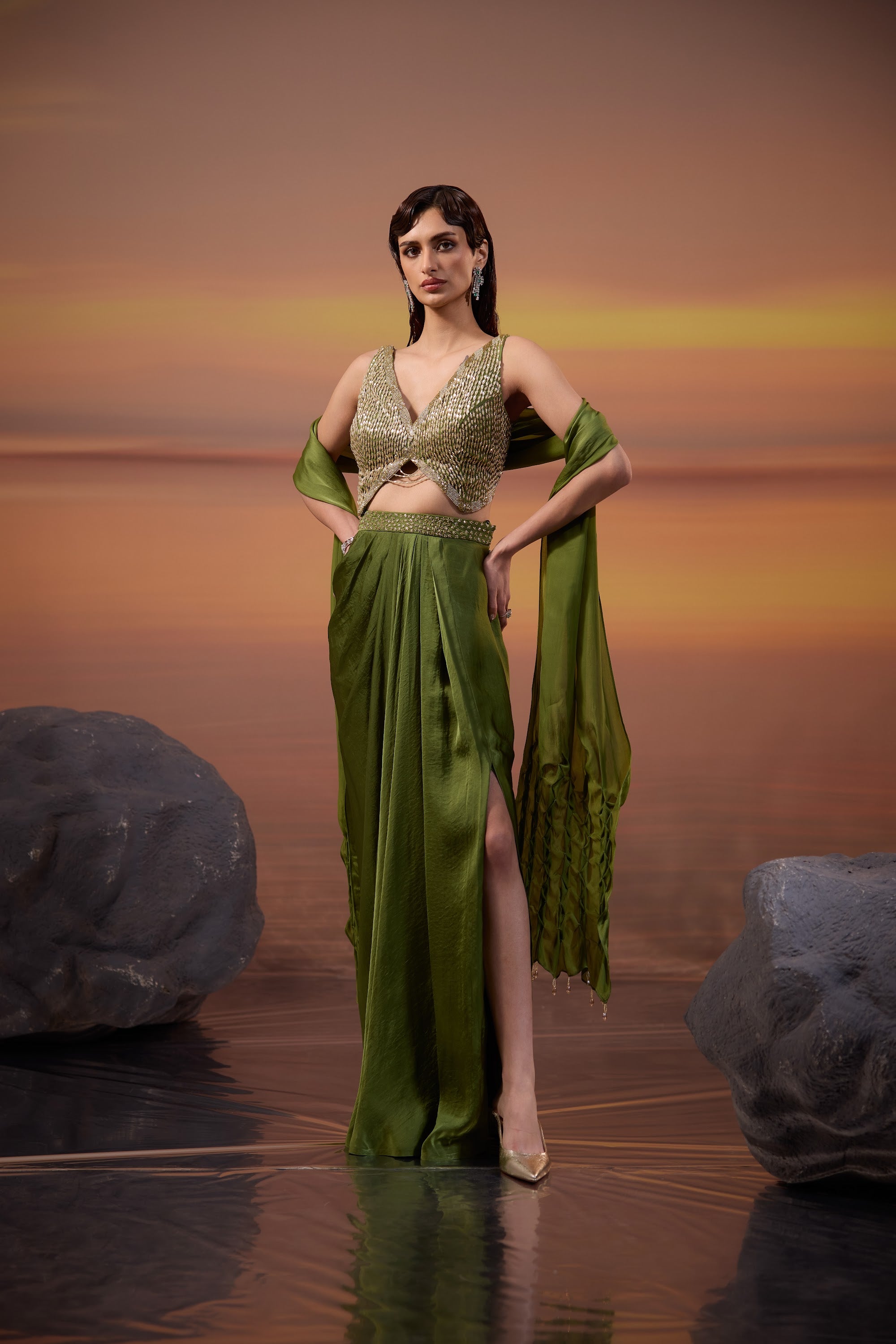 Olive Green Skirt with Smoked Stole Set - view 2