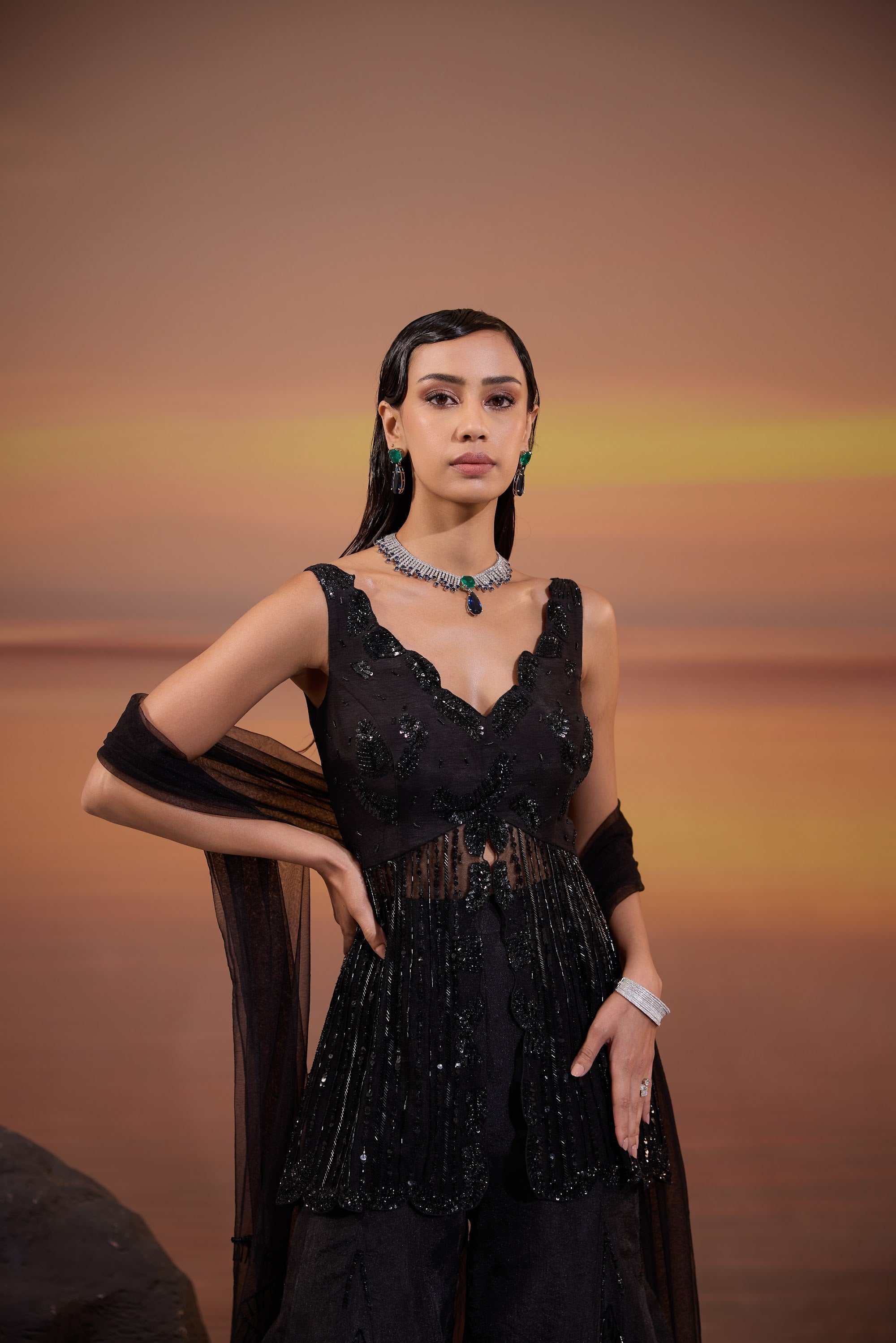 Black Embellished Sharara Set - view 3