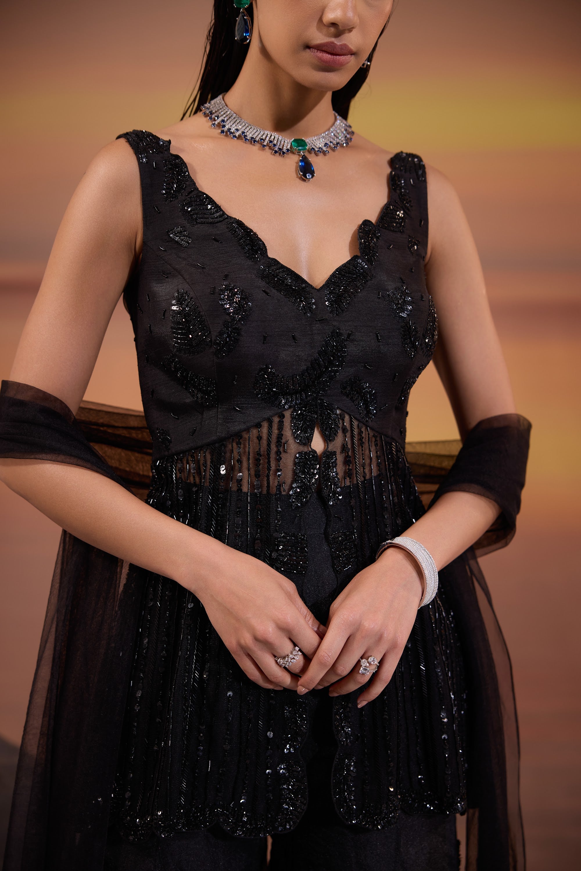 Black Embellished Sharara Set - view 4