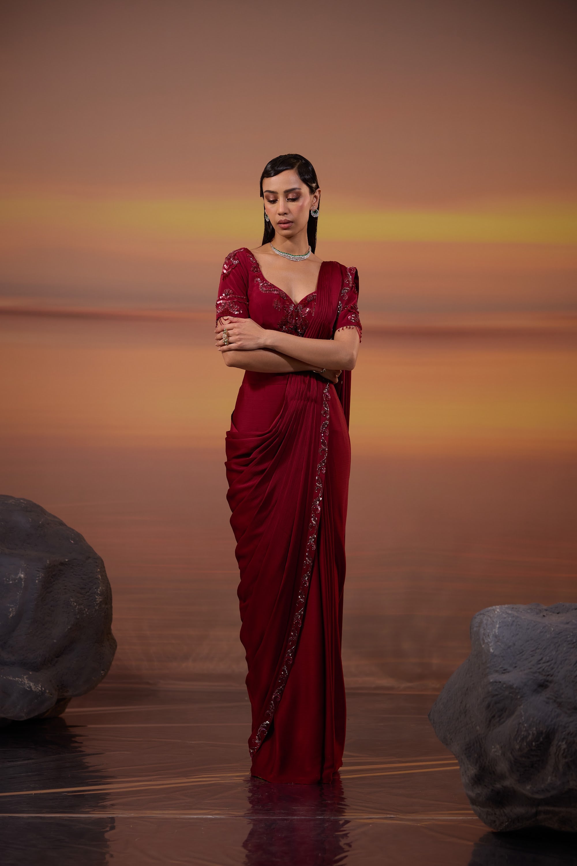Dark Maroon Embroidered Drape Saree Set - view 3
