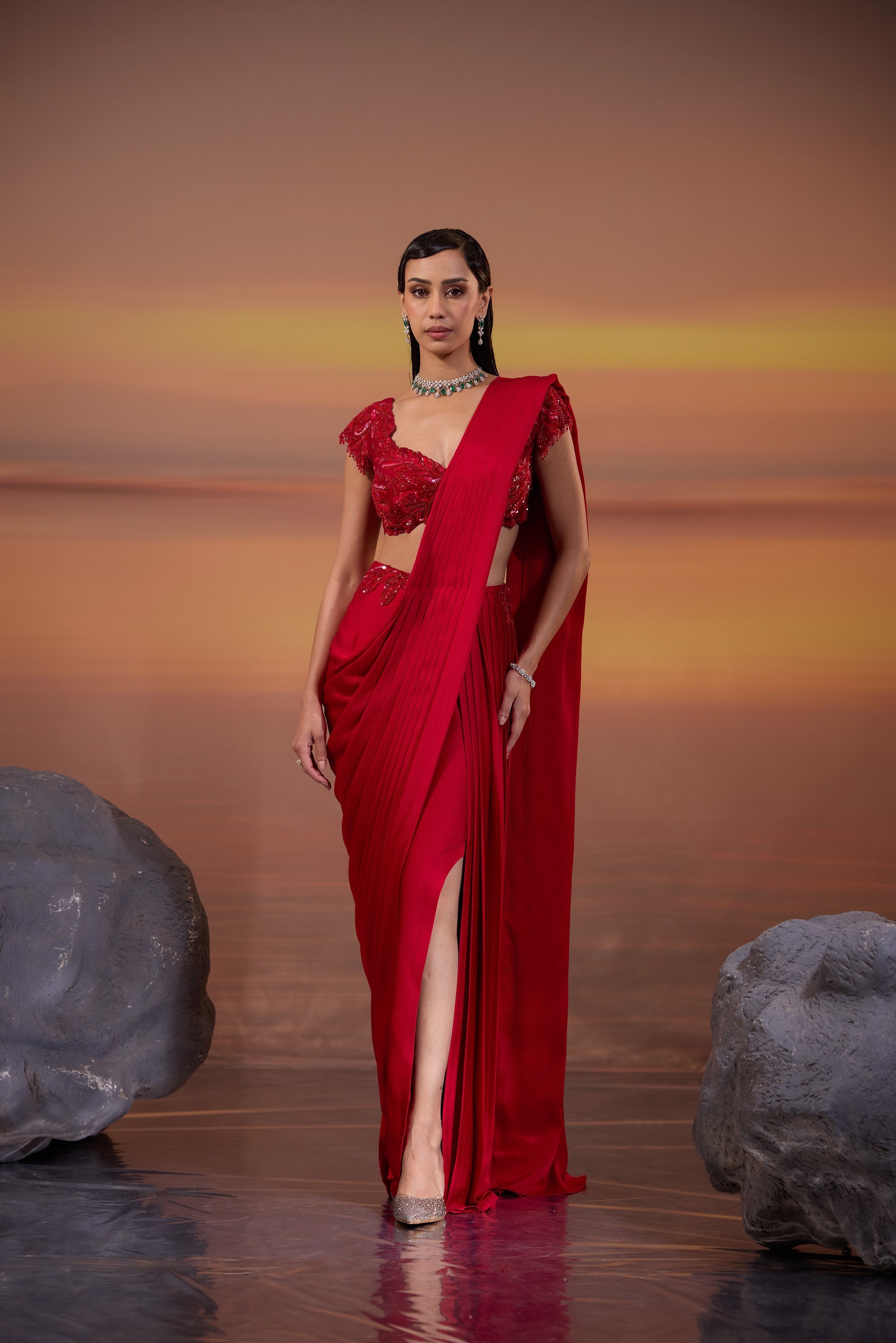 Crimson Pleated Drape Saree - main image