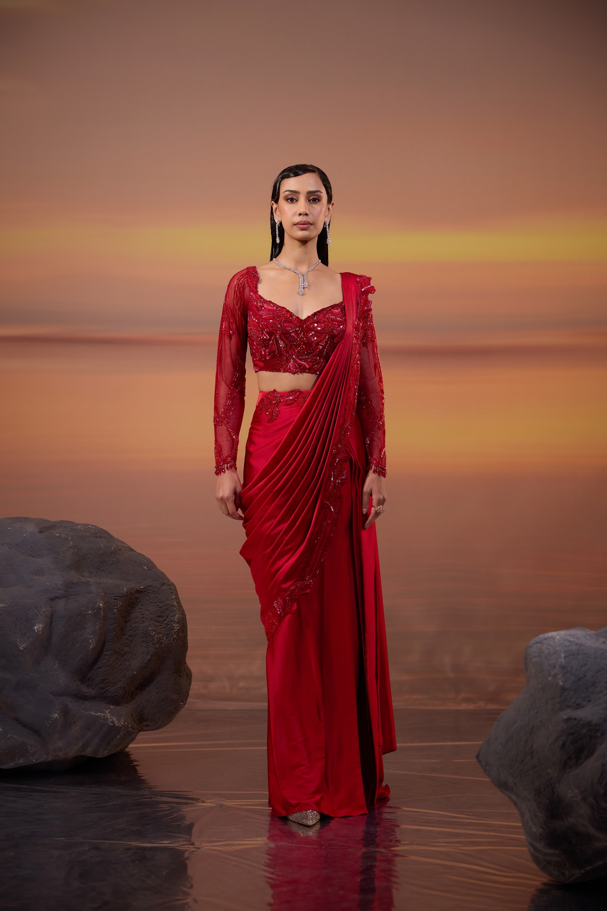 Crimson Embroidered Palla Drape Saree - main image
