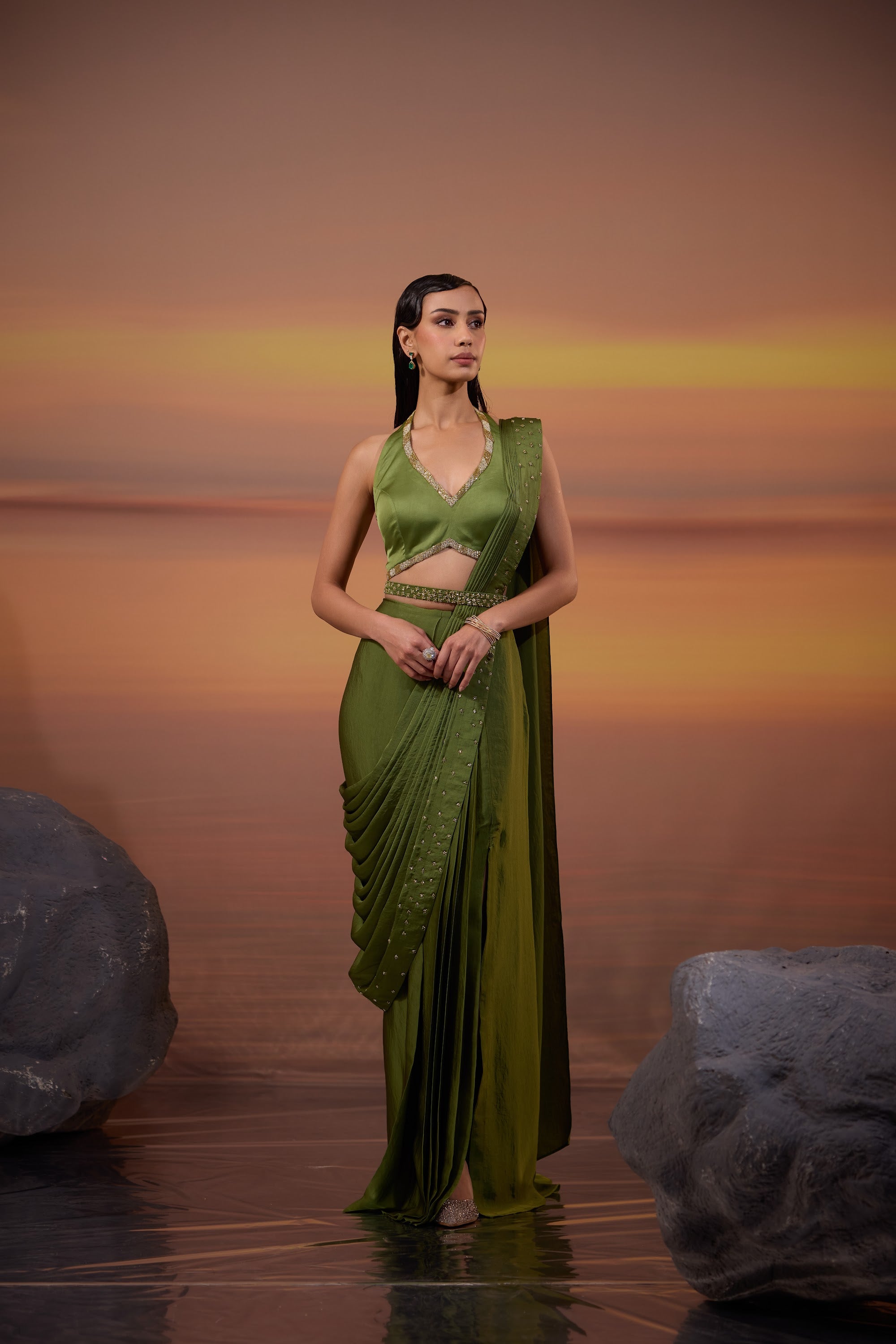 Olive Green Halter Neck Draped Saree Set - view 3