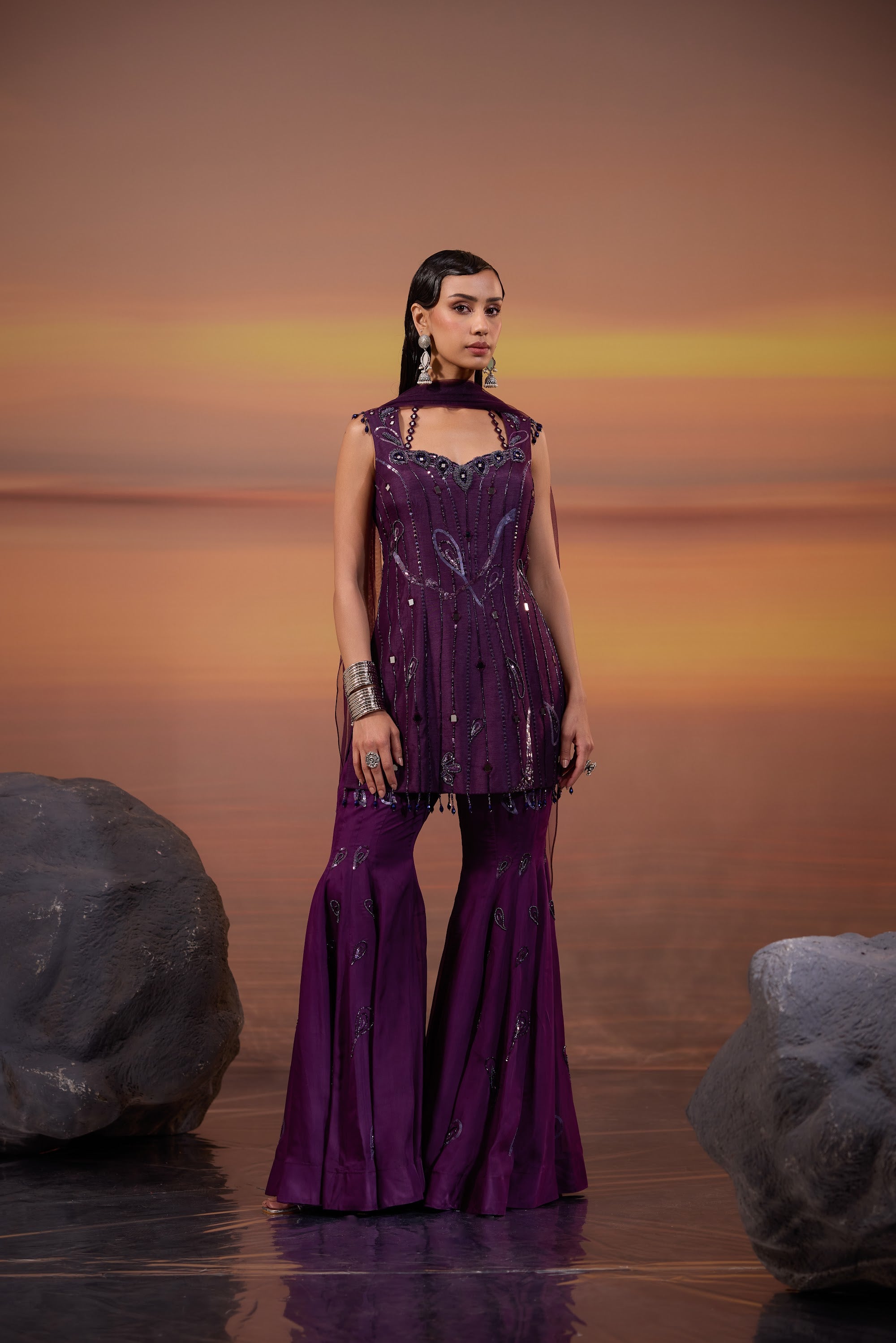 Dark Amethyst Embellished Sharara Set - main image