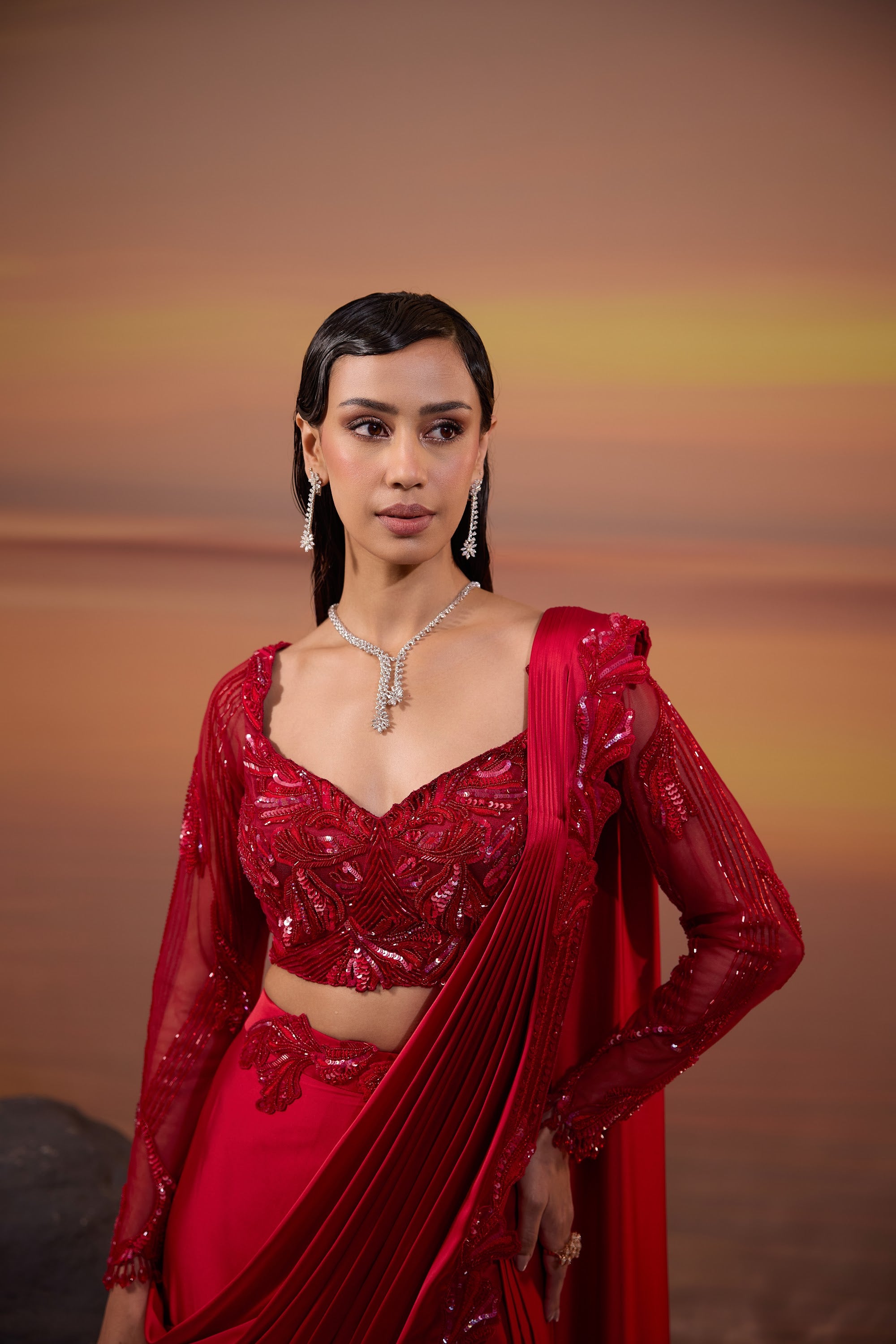 Crimson Embroidered Palla Drape Saree - view 5