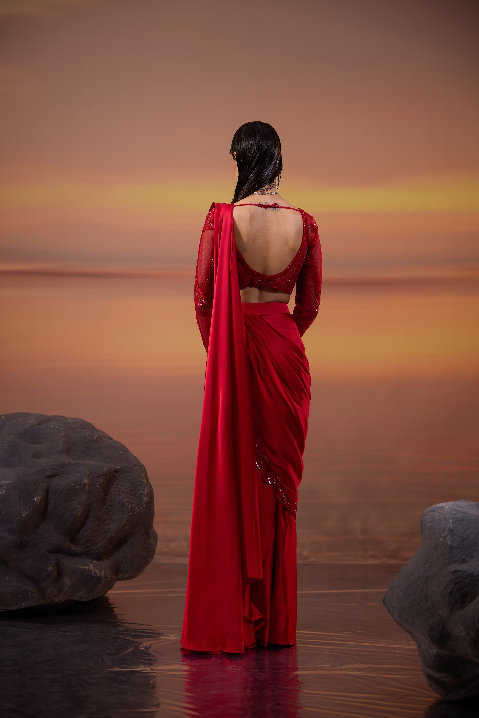 Crimson Embroidered Palla Drape Saree - view 7