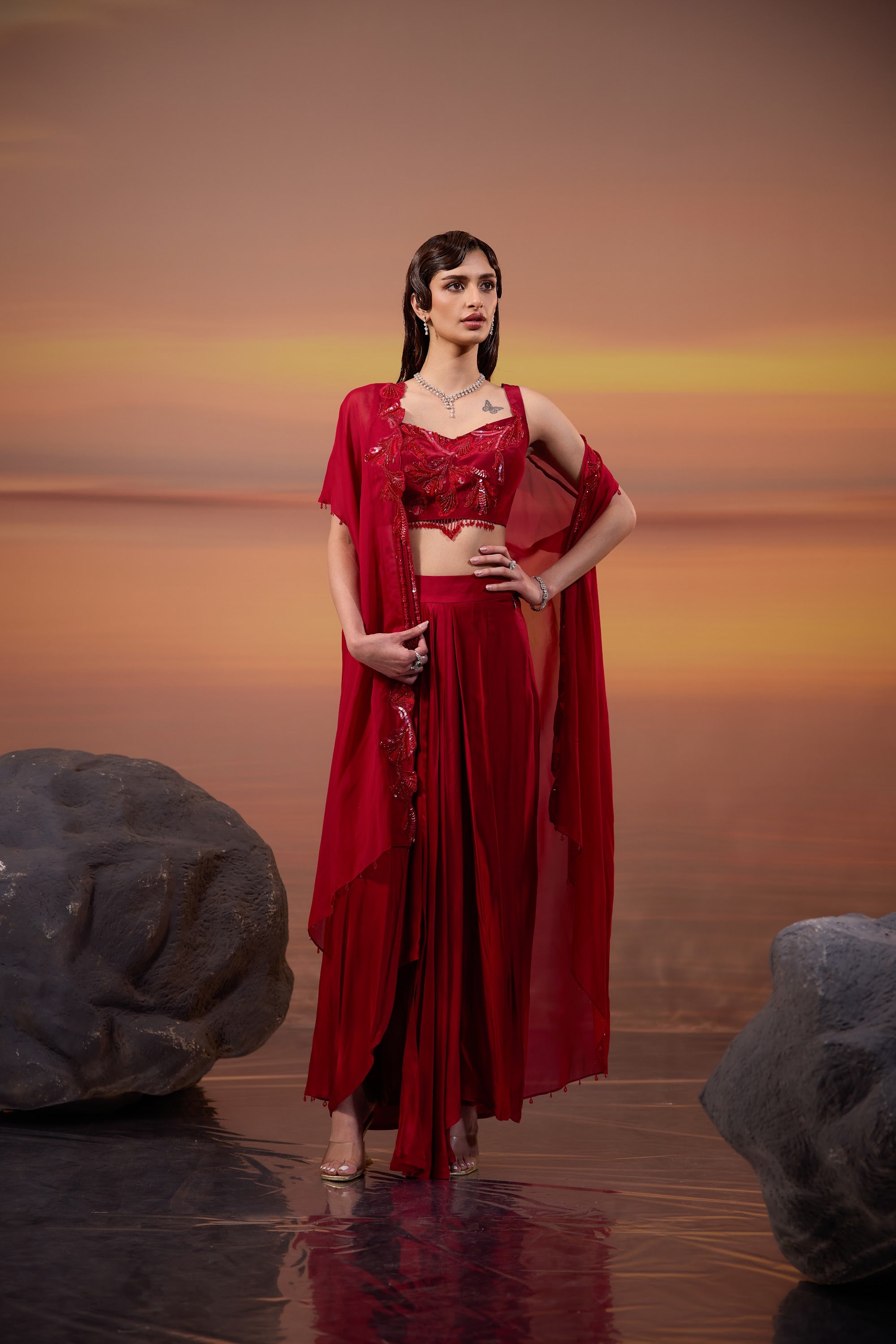 Crimson Embellished Cape Set - view 2