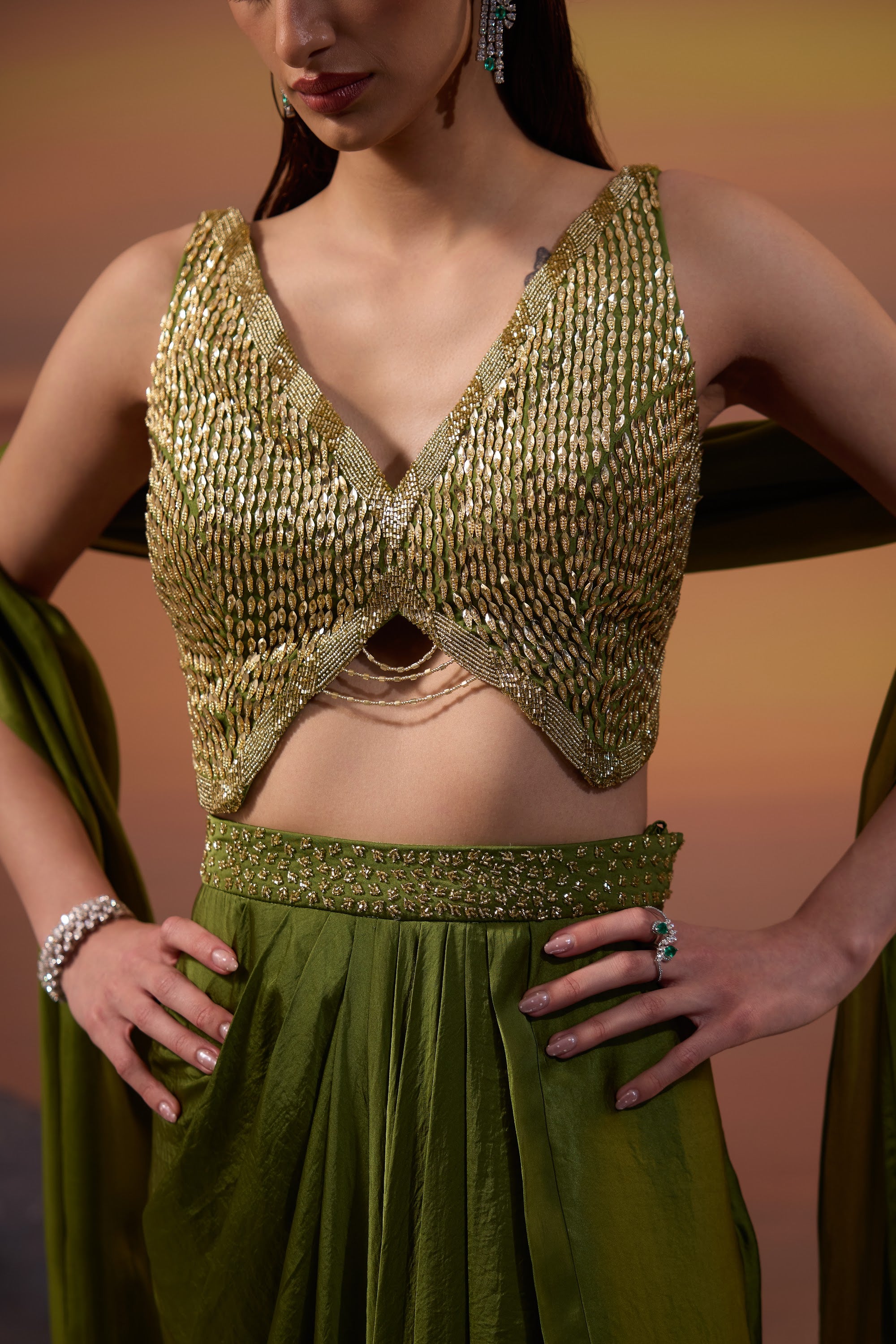 Olive Green Skirt with Smoked Stole Set - view 3