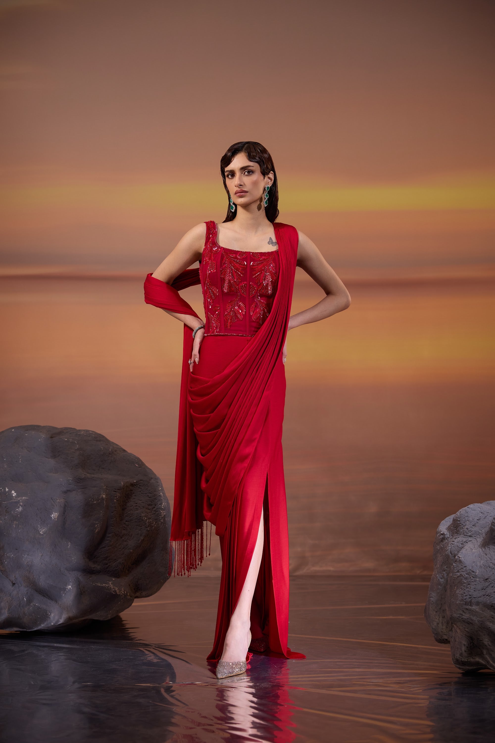Crimson Corset Style Drape Saree - view 4