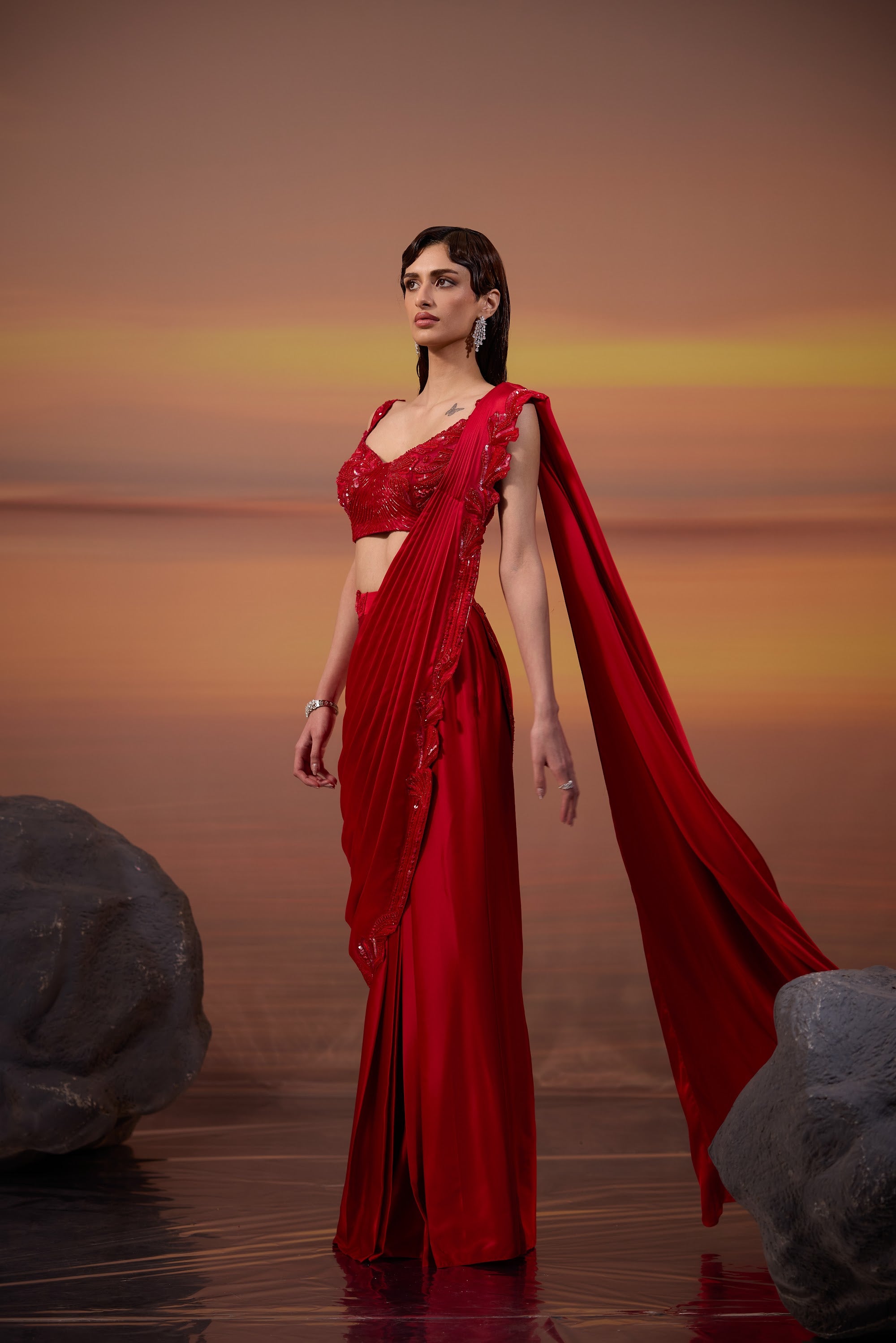 Crimson Embellished Draped Saree - view 2