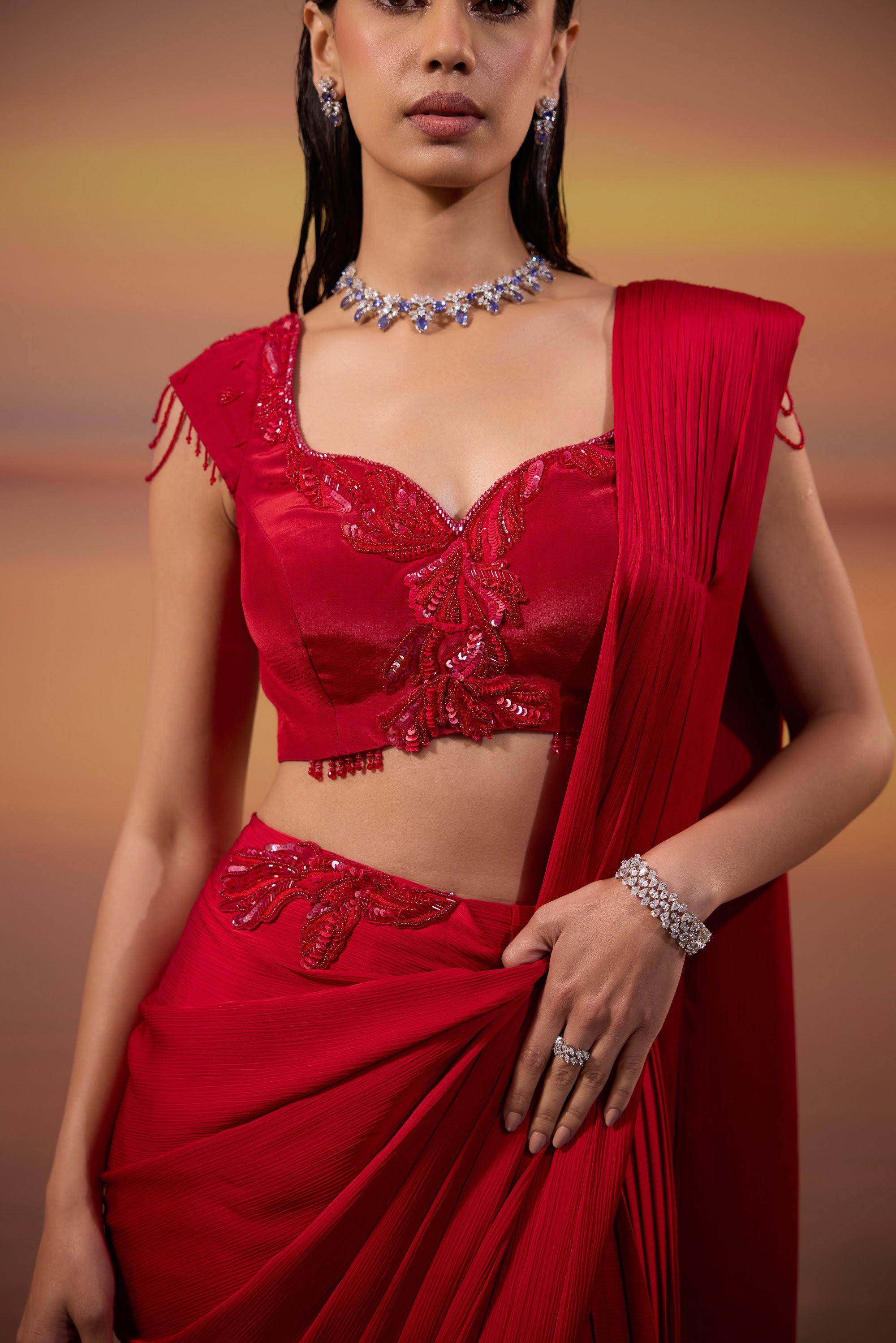 Red Embellished Drape Saree - view 3