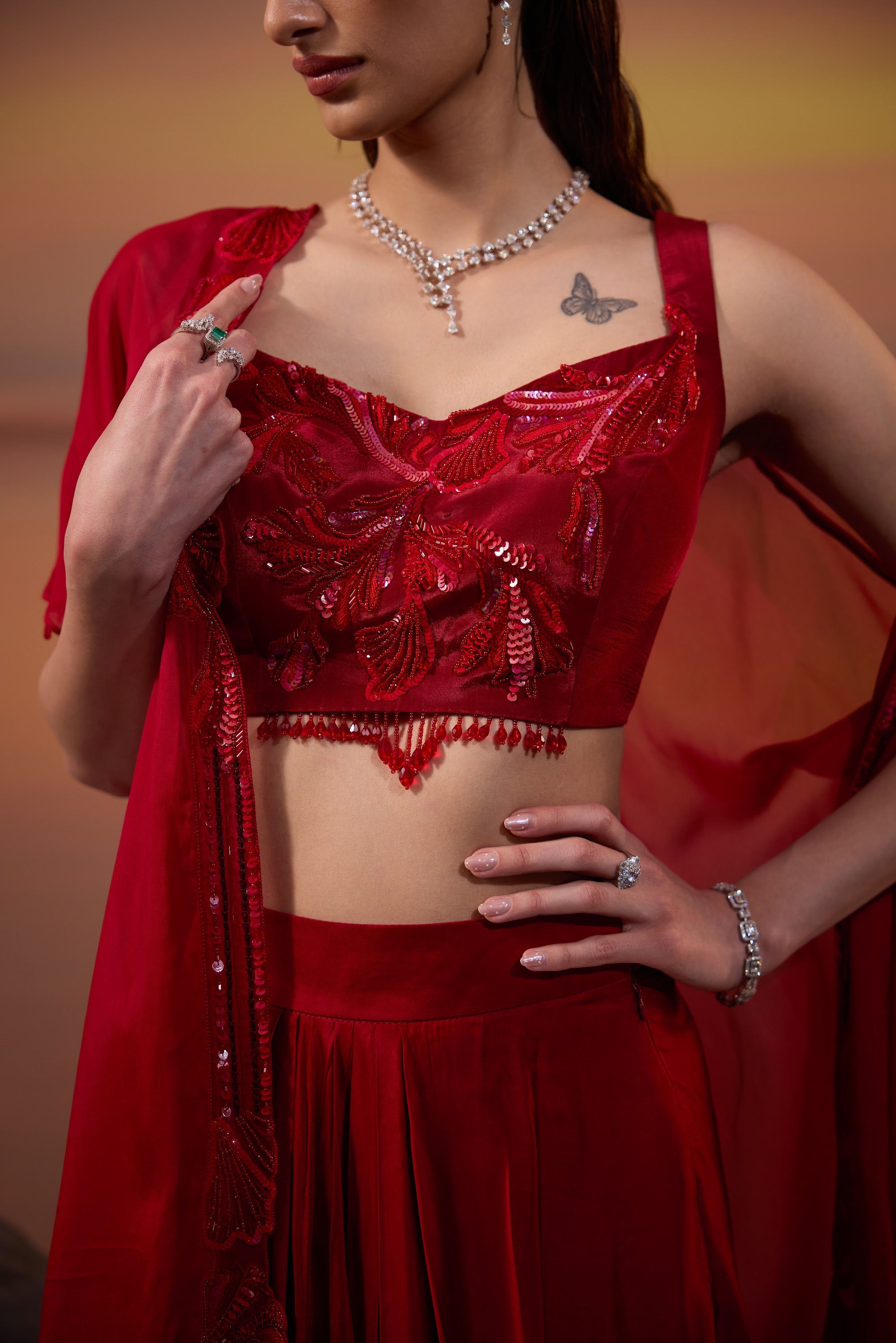 Crimson Embellished Cape Set - view 4