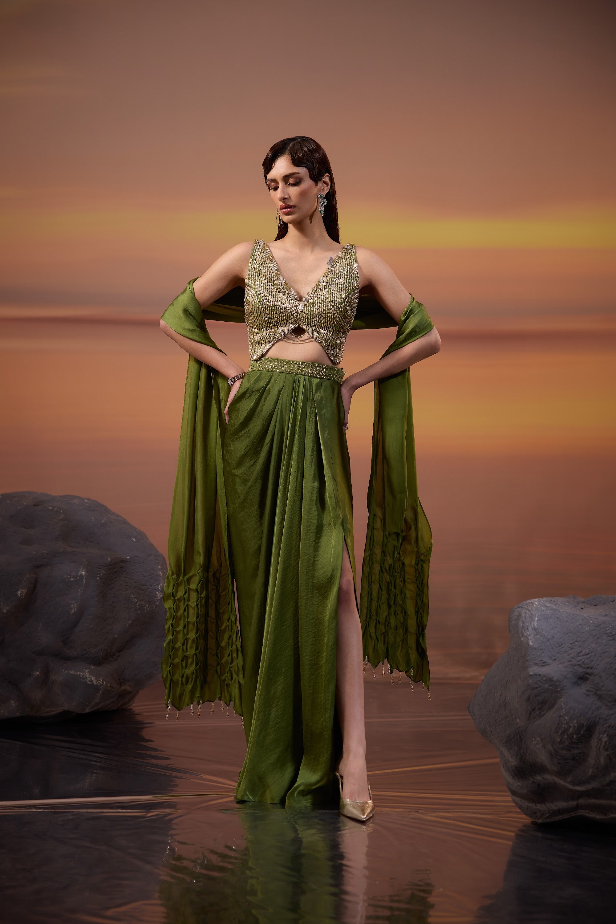 Olive Green Skirt with Smoked Stole Set - main image
