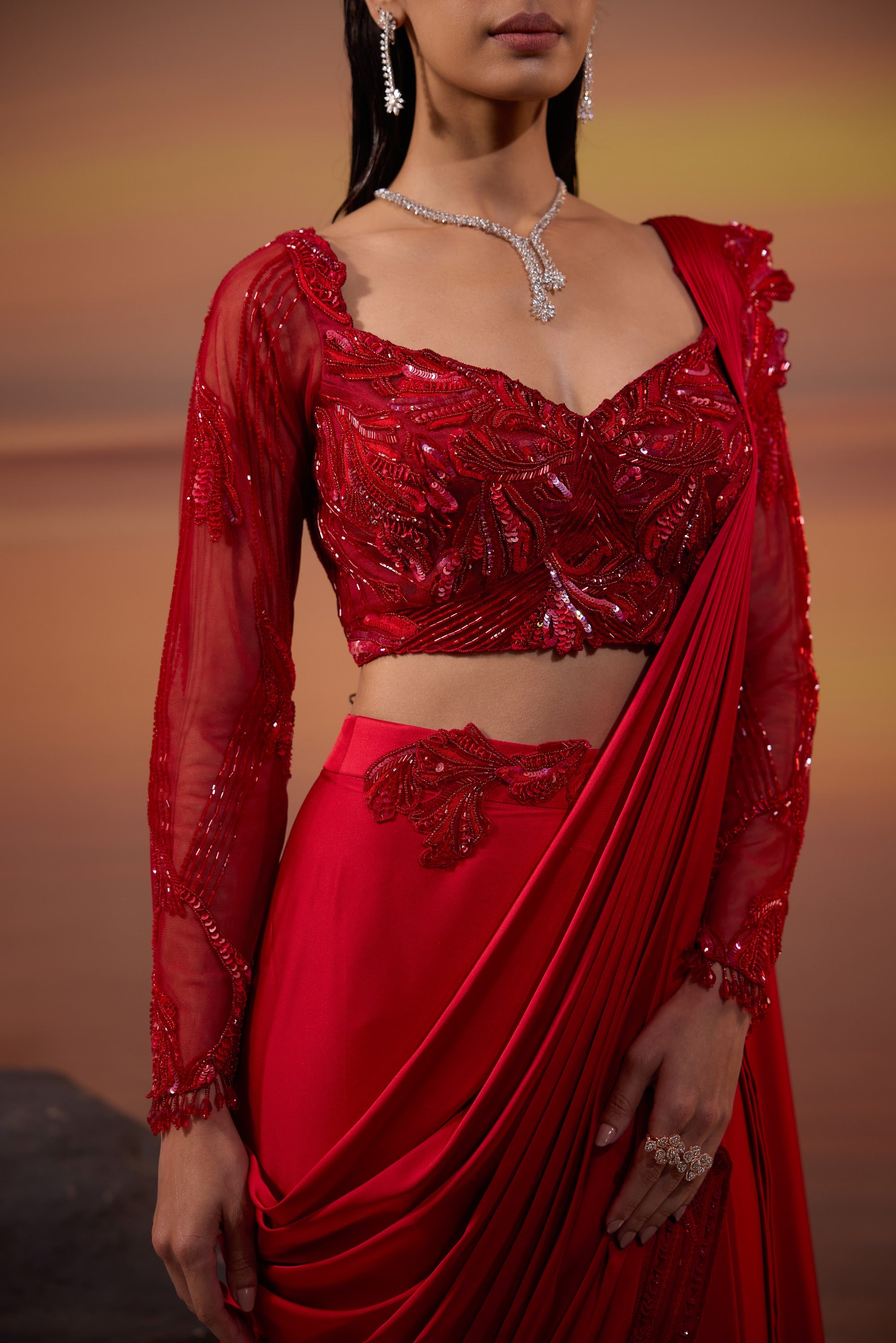 Crimson Embroidered Palla Drape Saree - view 3