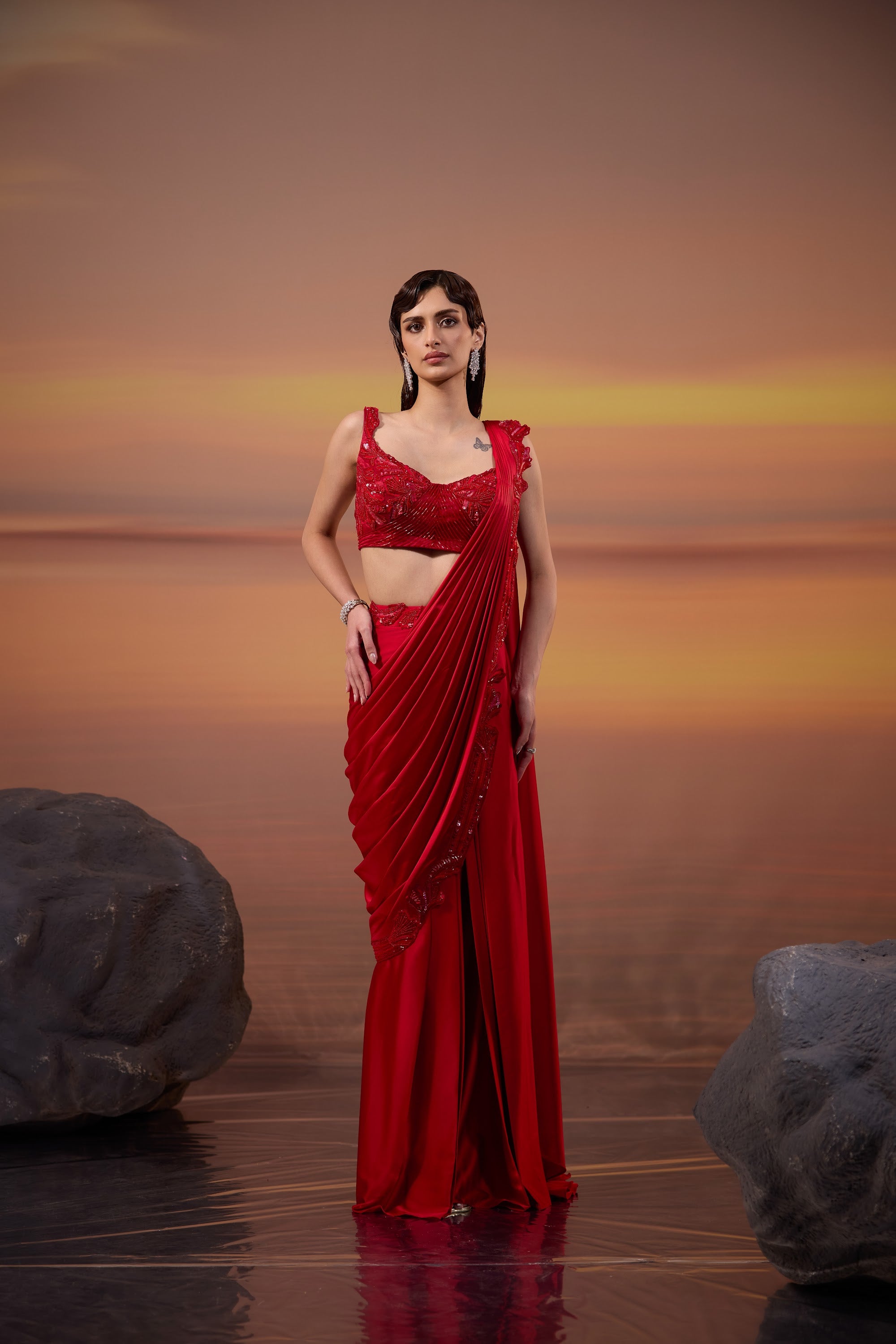 Crimson Embellished Draped Saree - view 5